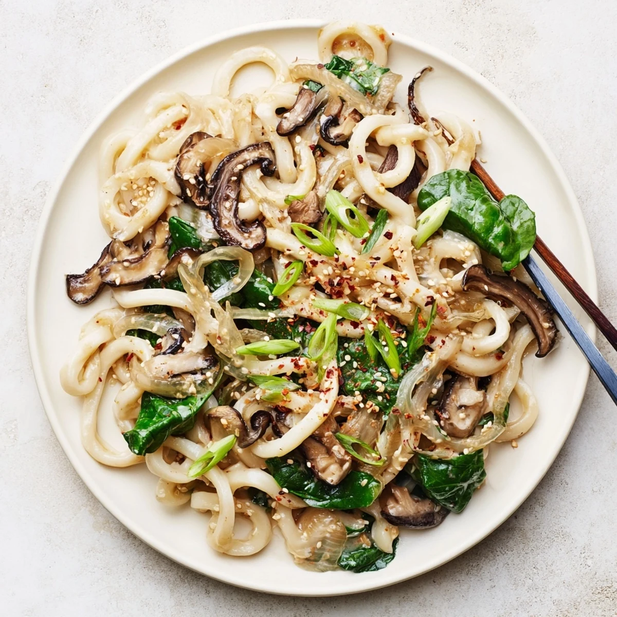 Glossy udon noodles tossed in savory white miso cream sauce with wilted spinach and tender mushroom slices
