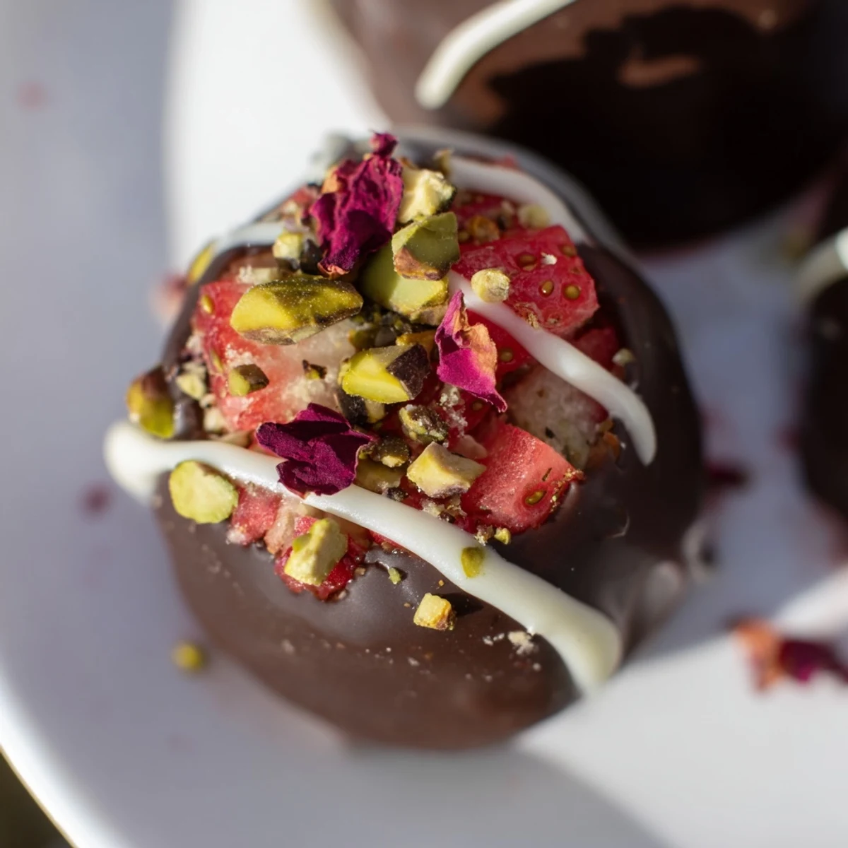 Dark chocolate Dubai chocolate covered strawberry cups topped with crushed pistachios and white chocolate drizzle