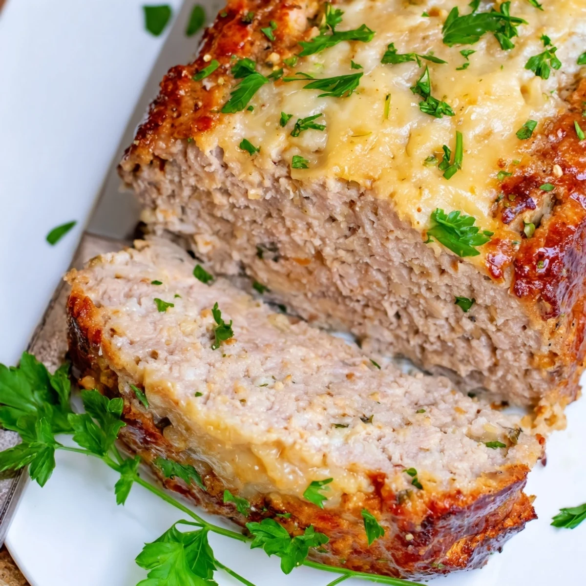Golden garlic parmesan chicken meatloaf with melted buttery crust and fresh parsley garnish on white plate
