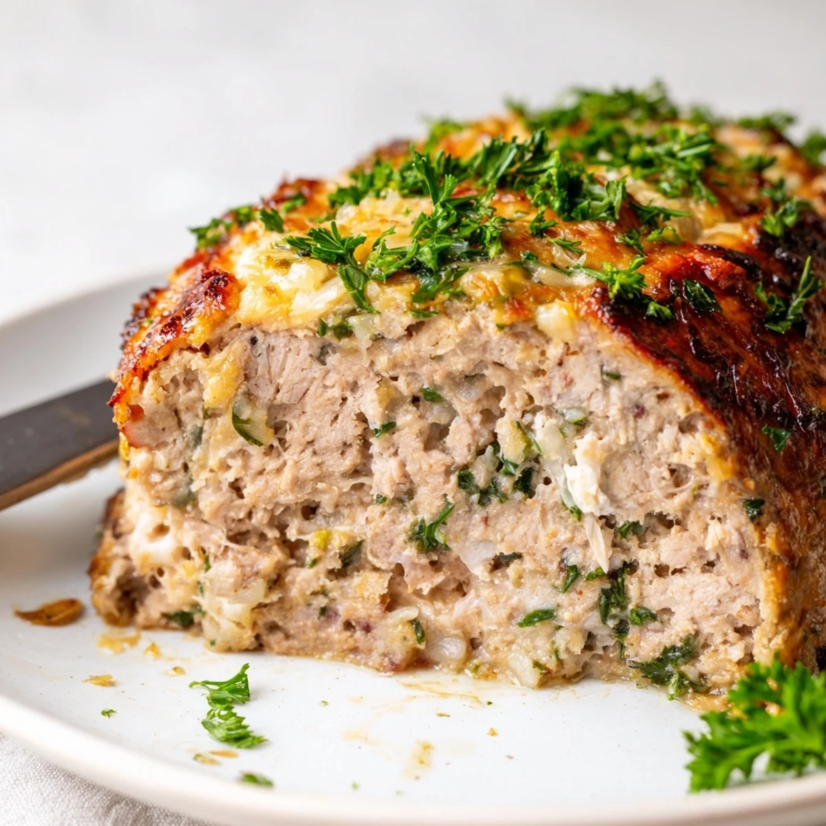 Savory chicken meatloaf sliced showing moist interior with parmesan cheese topping and italian herbs