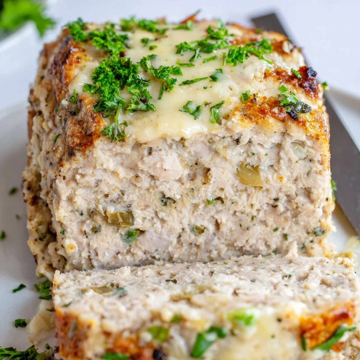 Homemade garlic parmesan chicken meatloaf baked to golden perfection with crispy cheese topping and parsley
