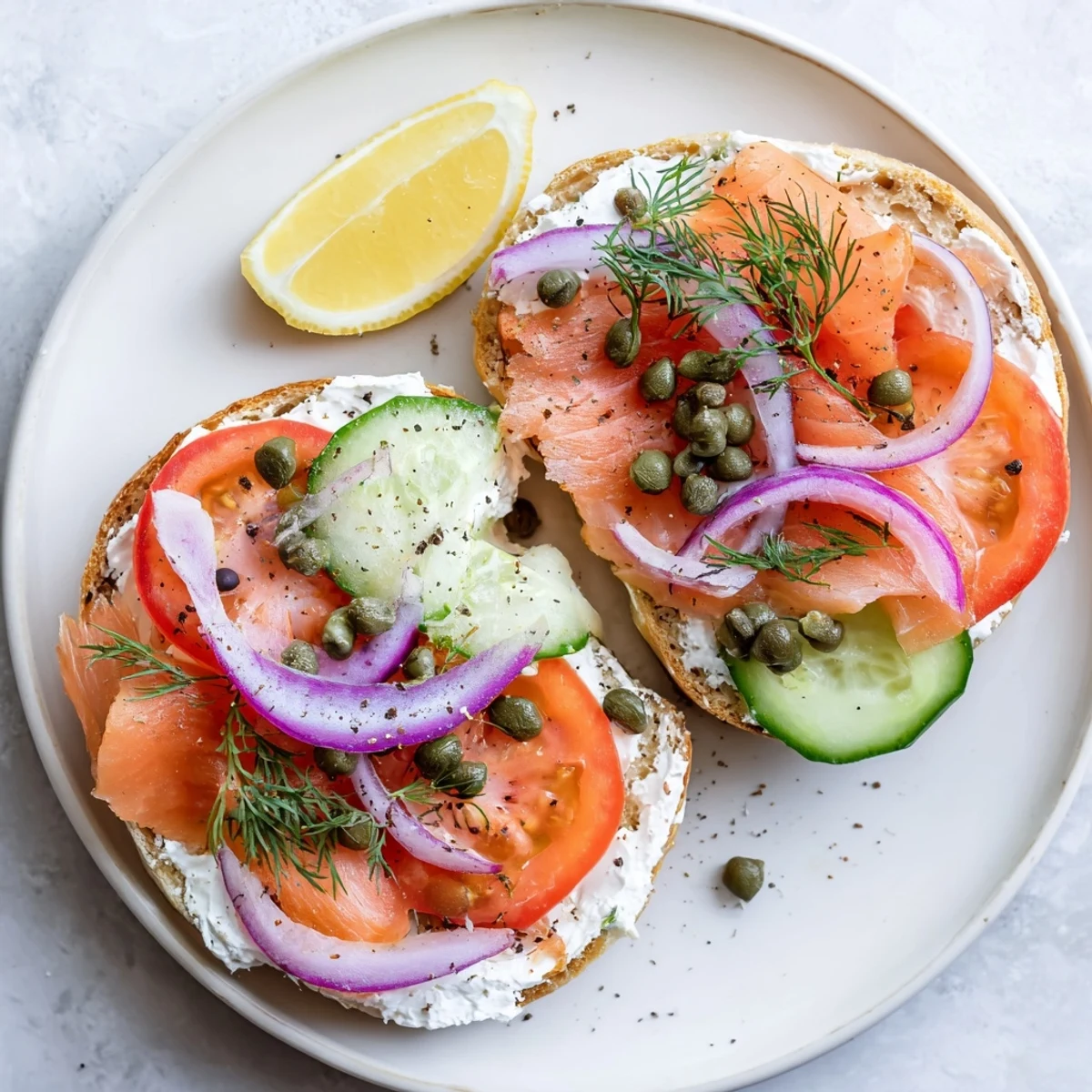Toasted bagel piled high with smoked salmon and creamy cheese spread