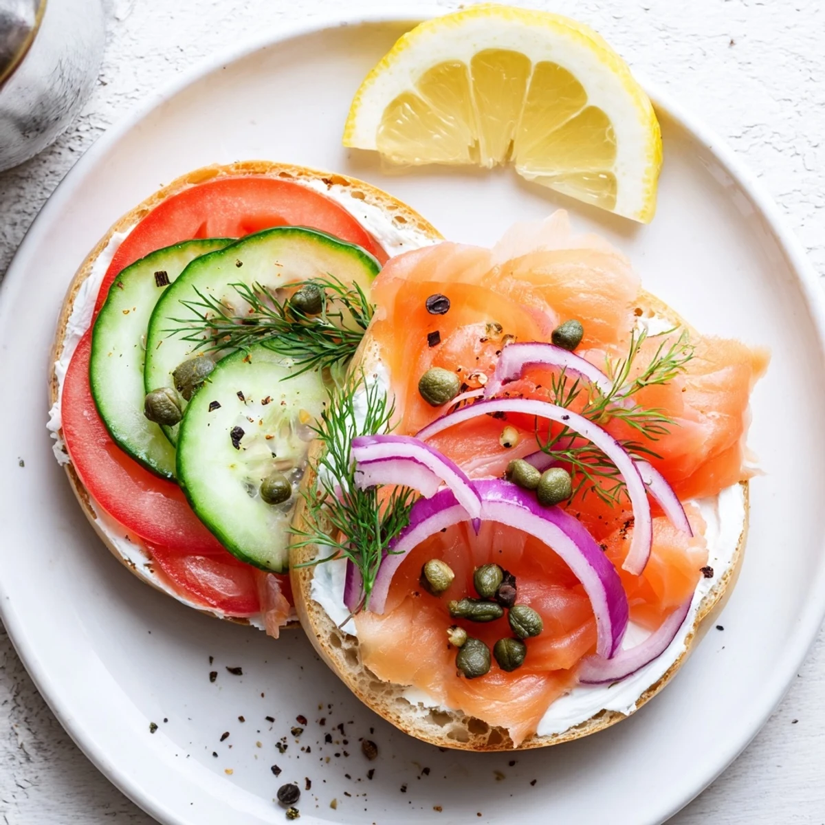 Open-faced smoked salmon bagel sandwich with red onion tomato and fresh dill