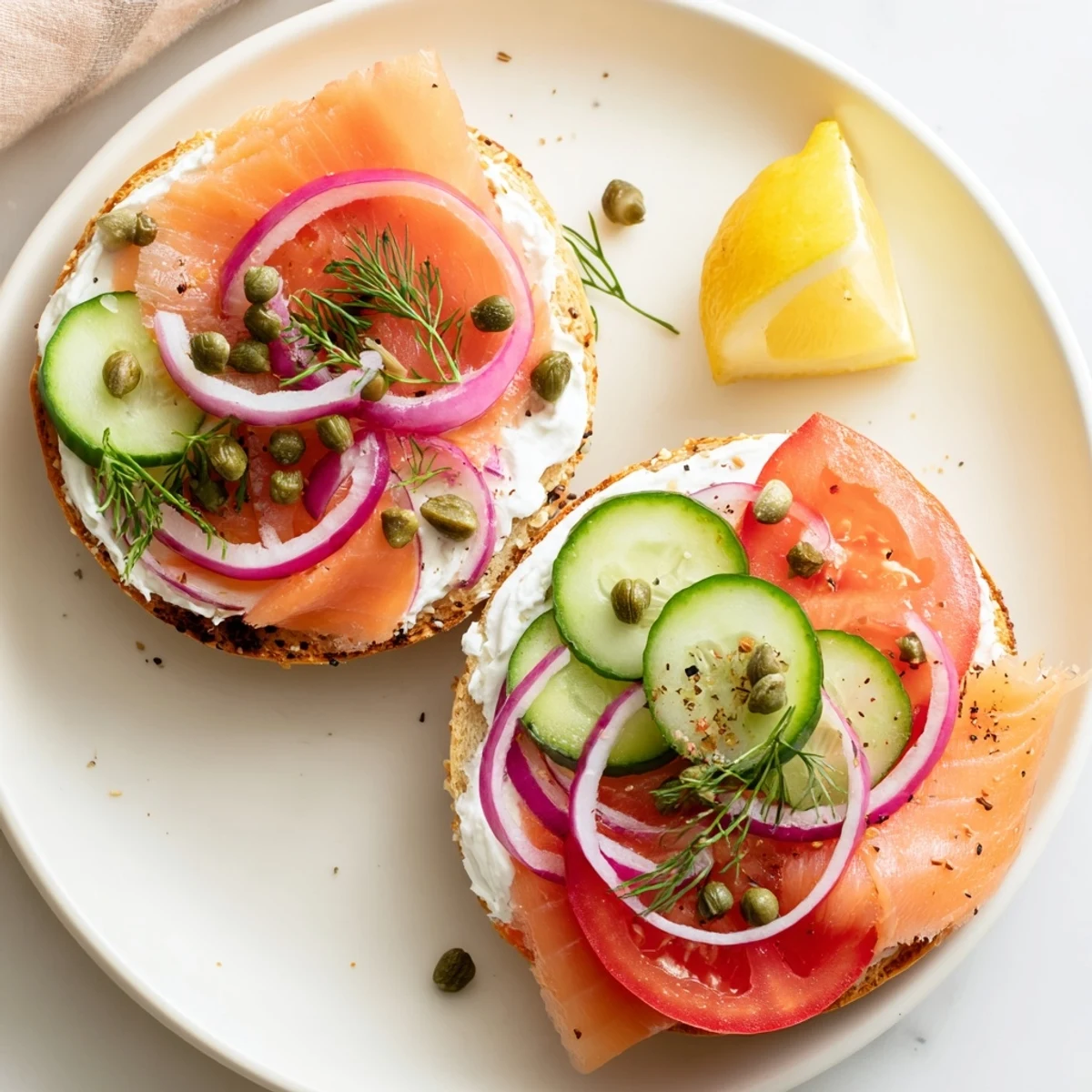 Golden toasted bagel layered with lox cream cheese cucumber and capers
