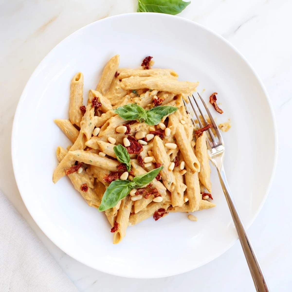 Plate of dairy-free sun dried tomato pasta with toasted pine nuts and black pepper topping
