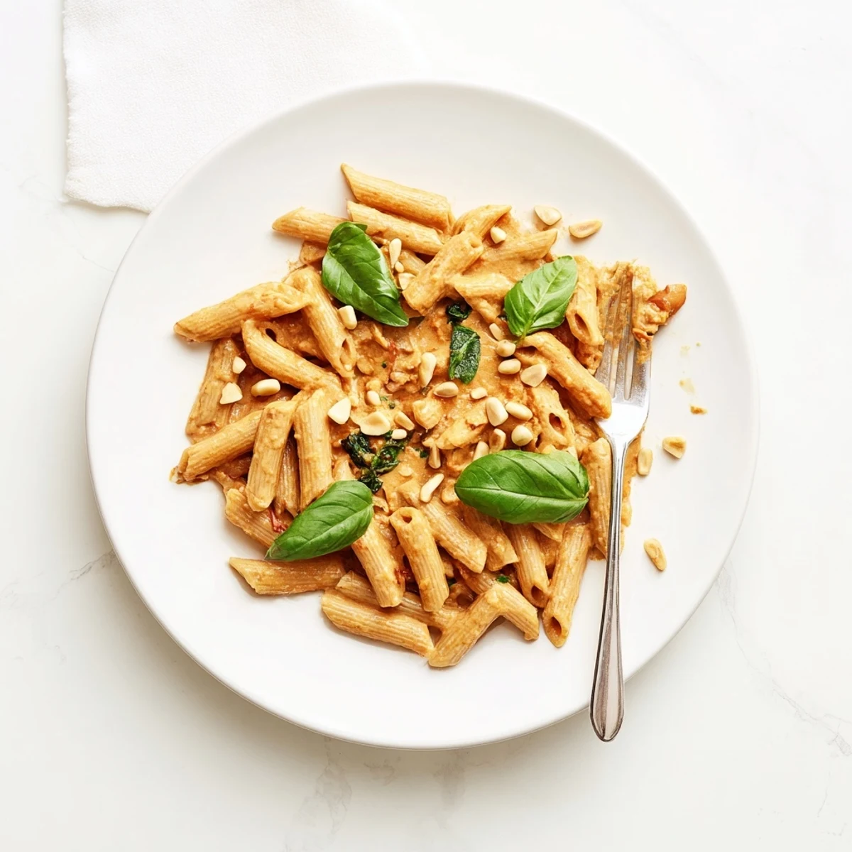 Golden twirls of vegan sun dried tomato pasta coated in smooth red tomato-basil sauce