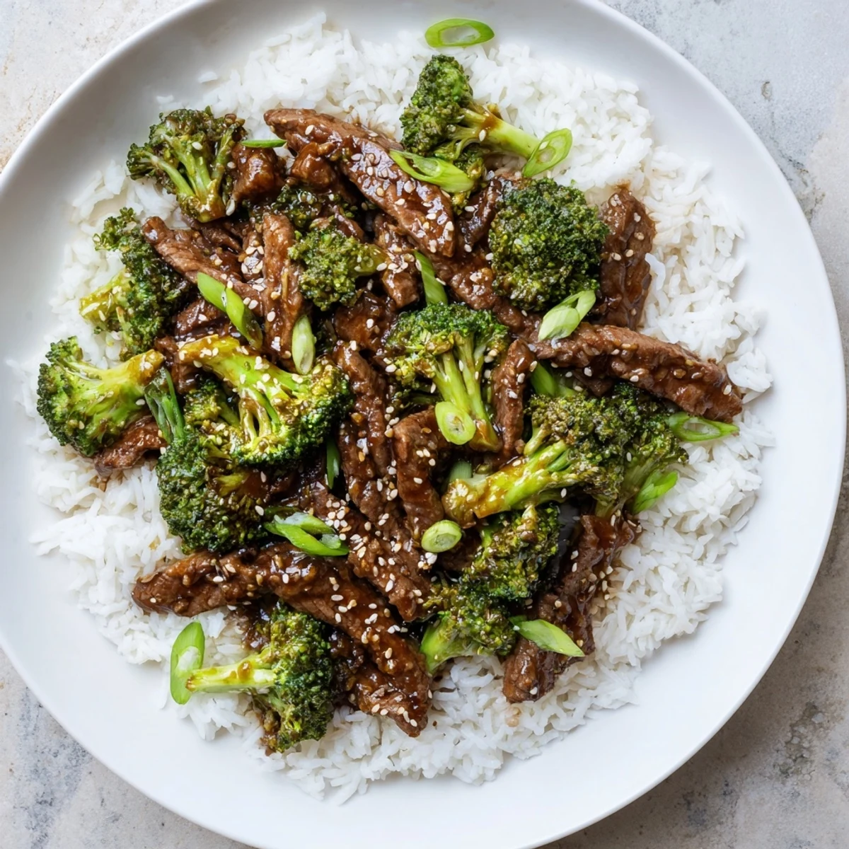 Tender Crock Pot Beef and Broccoli served over steamed white rice with green onion garnish
