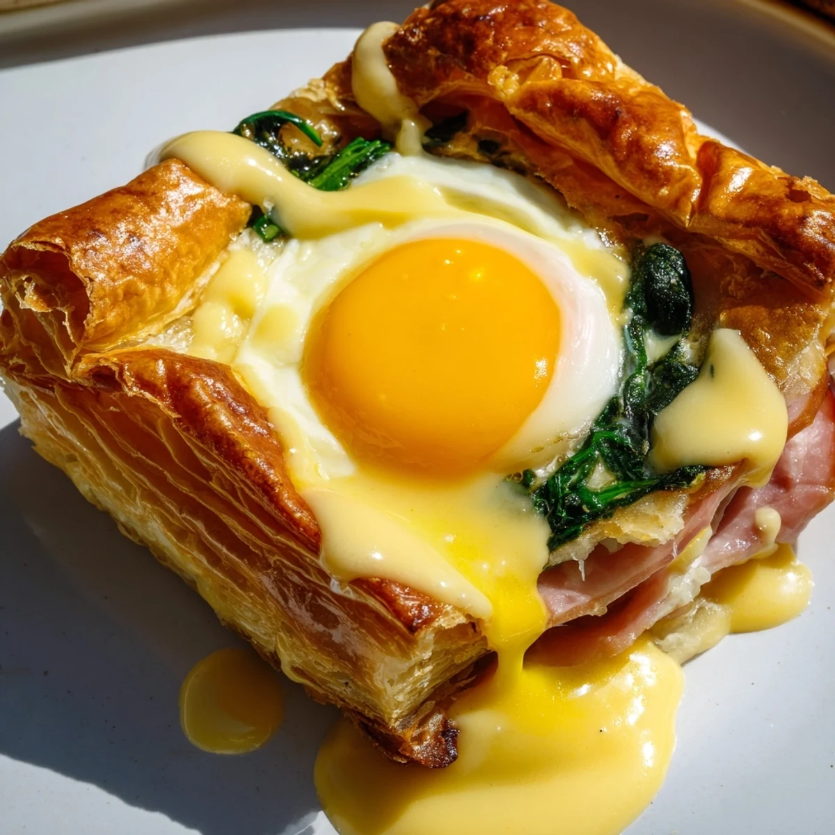 Layered brunch dish featuring puff pastry stacks with baked eggs and rich hollandaise topping