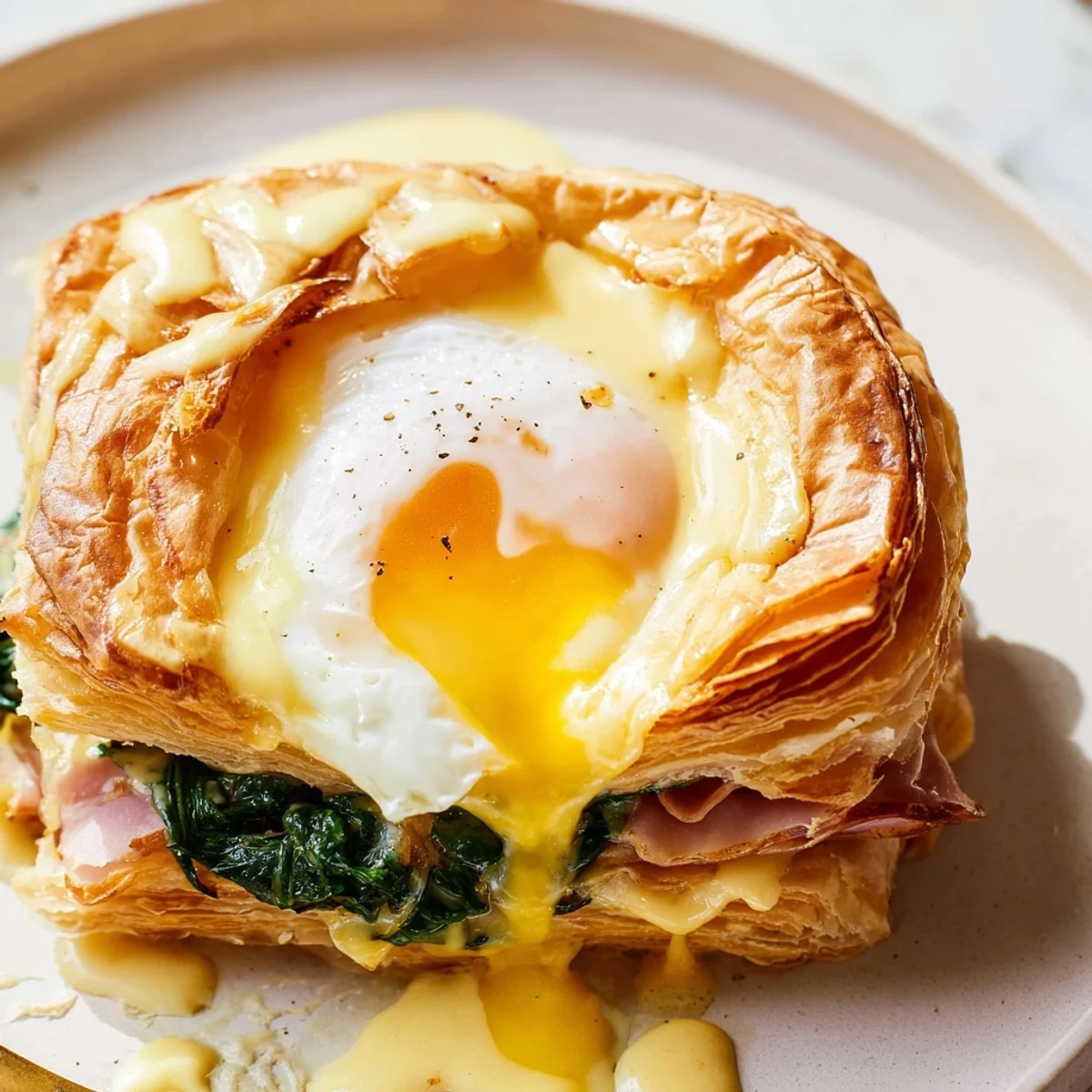 Golden baked Eggs Napoleon with flaky puff pastry, ham, spinach and creamy hollandaise sauce