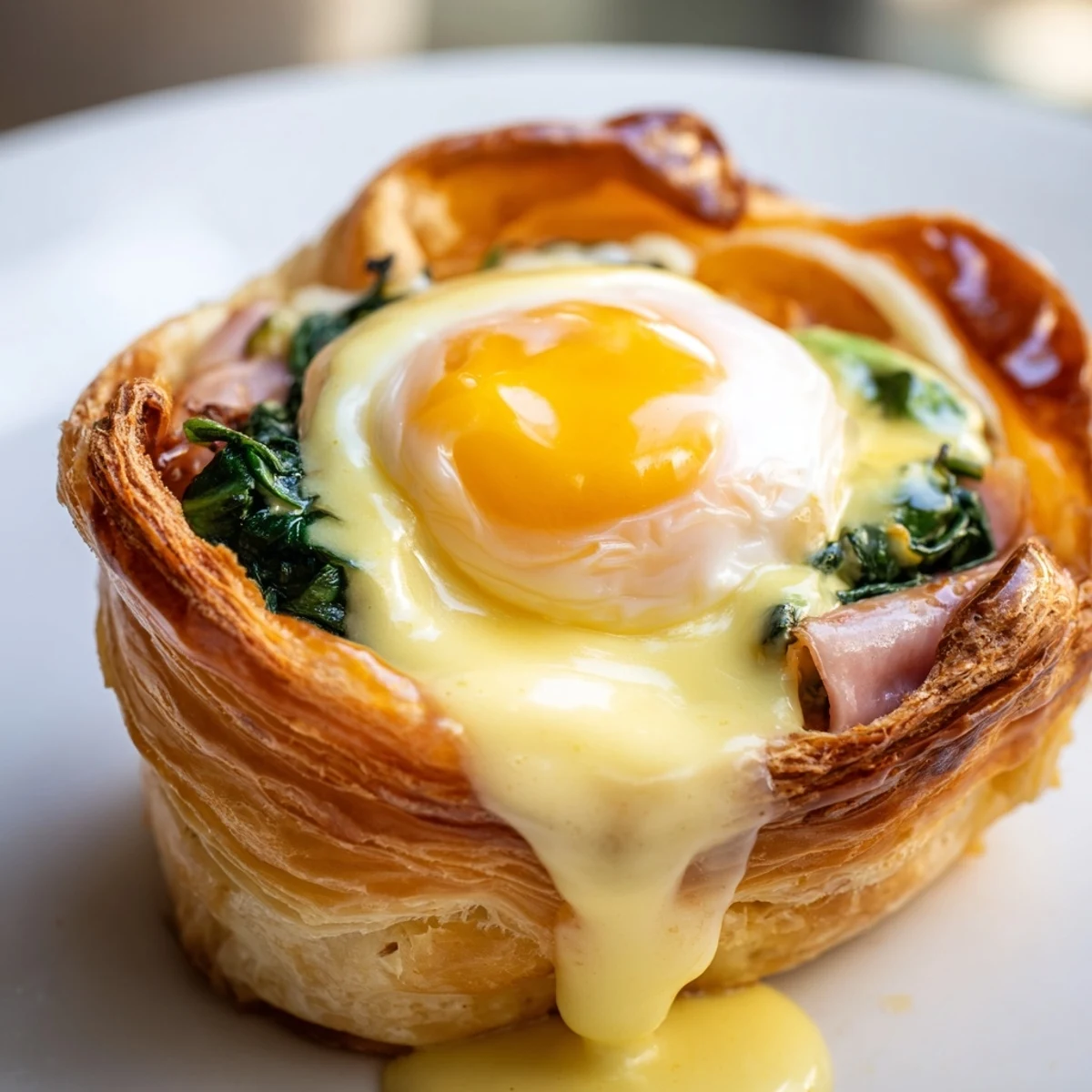 French-style Eggs Napoleon served with luscious hollandaise over crisp pastry layers and spinach