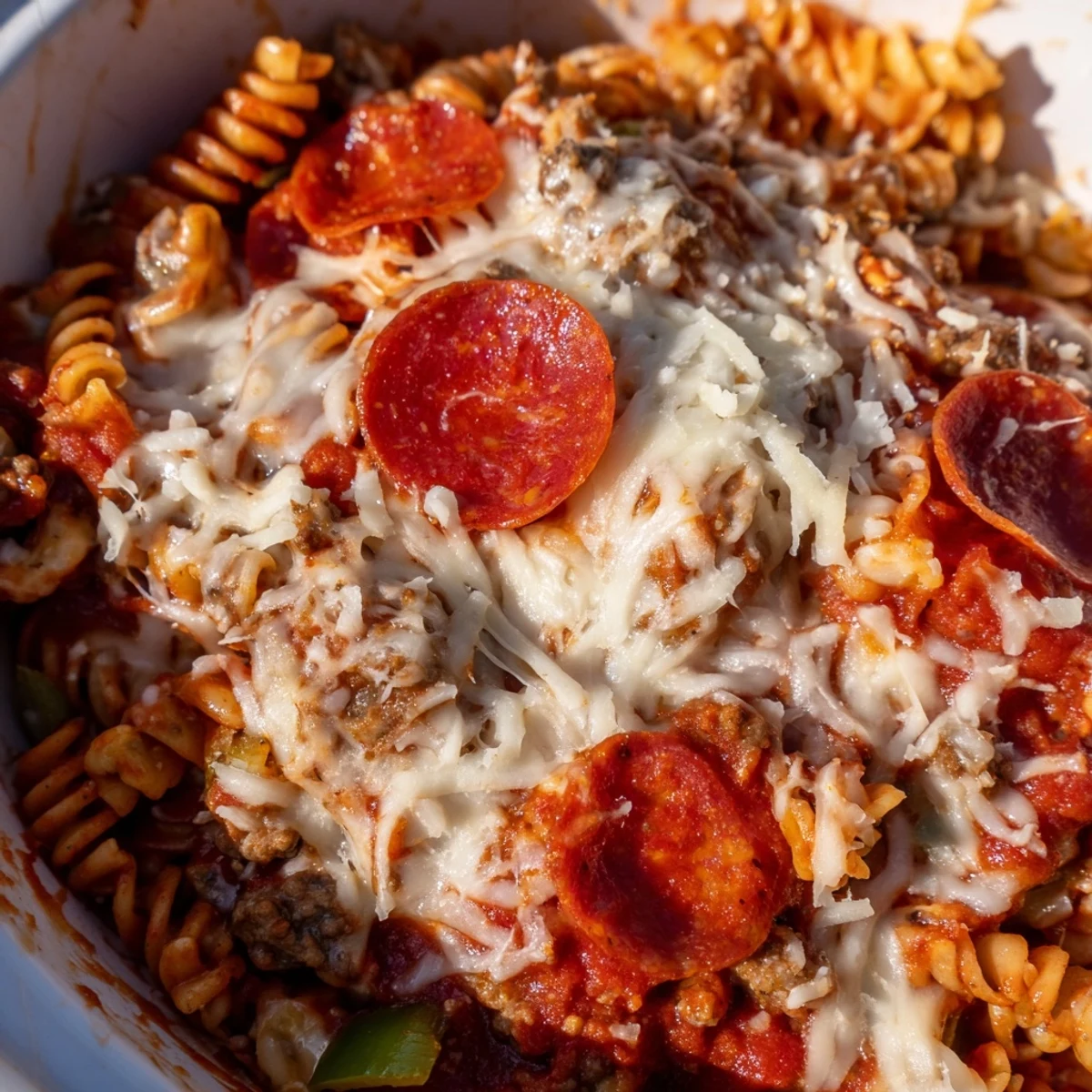 Family-style crockpot pizza pasta topped with golden Parmesan cheese and juicy pepperoni rounds