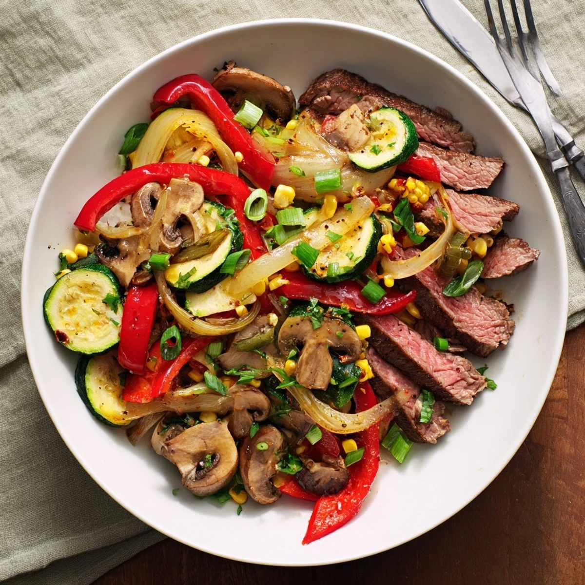 Rustic Cowboy Stir Fry featuring tender steak strips, colorful bell peppers, onions, and corn caramelized on a Blackstone