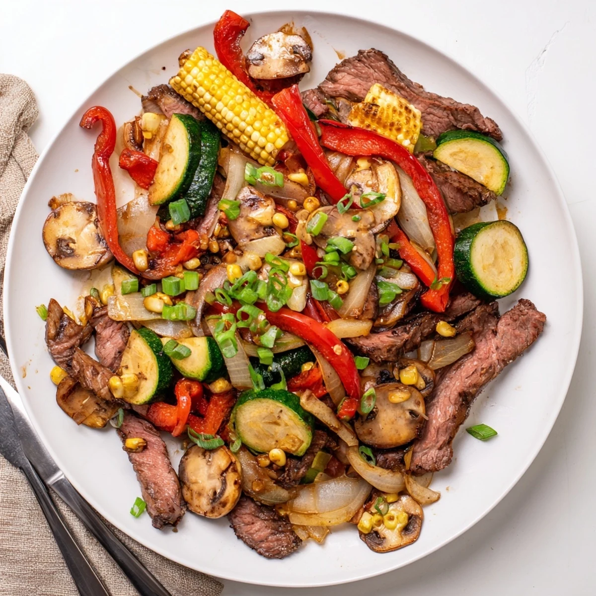 Blackstone Cowboy Stir Fry loaded with smoky seared beef, crisp charred vegetables, and glossy sauce sizzling on the griddle