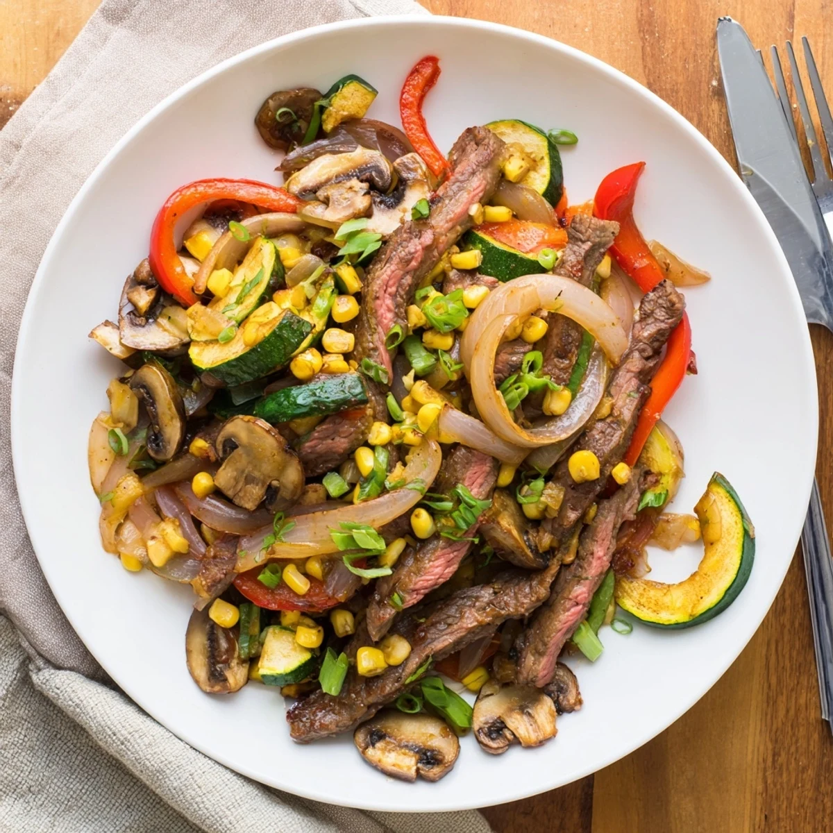 Hearty Blackstone Cowboy Stir Fry plated hot with fresh green onions, melted butter coating, and perfectly browned beef