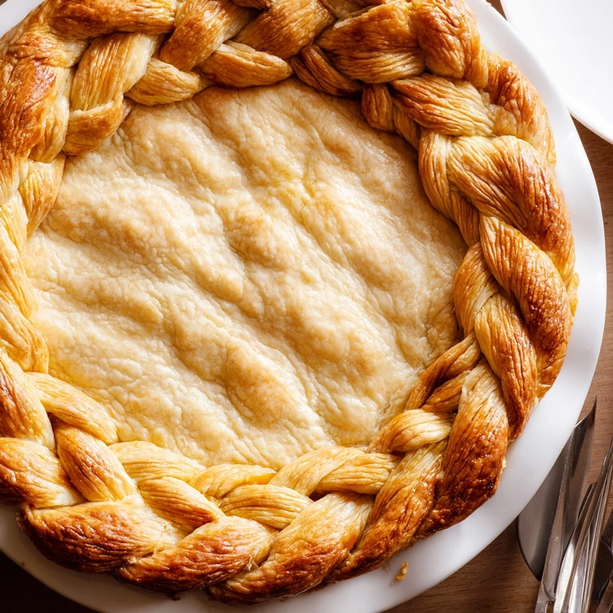 Golden brown fishtail braid pie crust with woven detail ready for baking