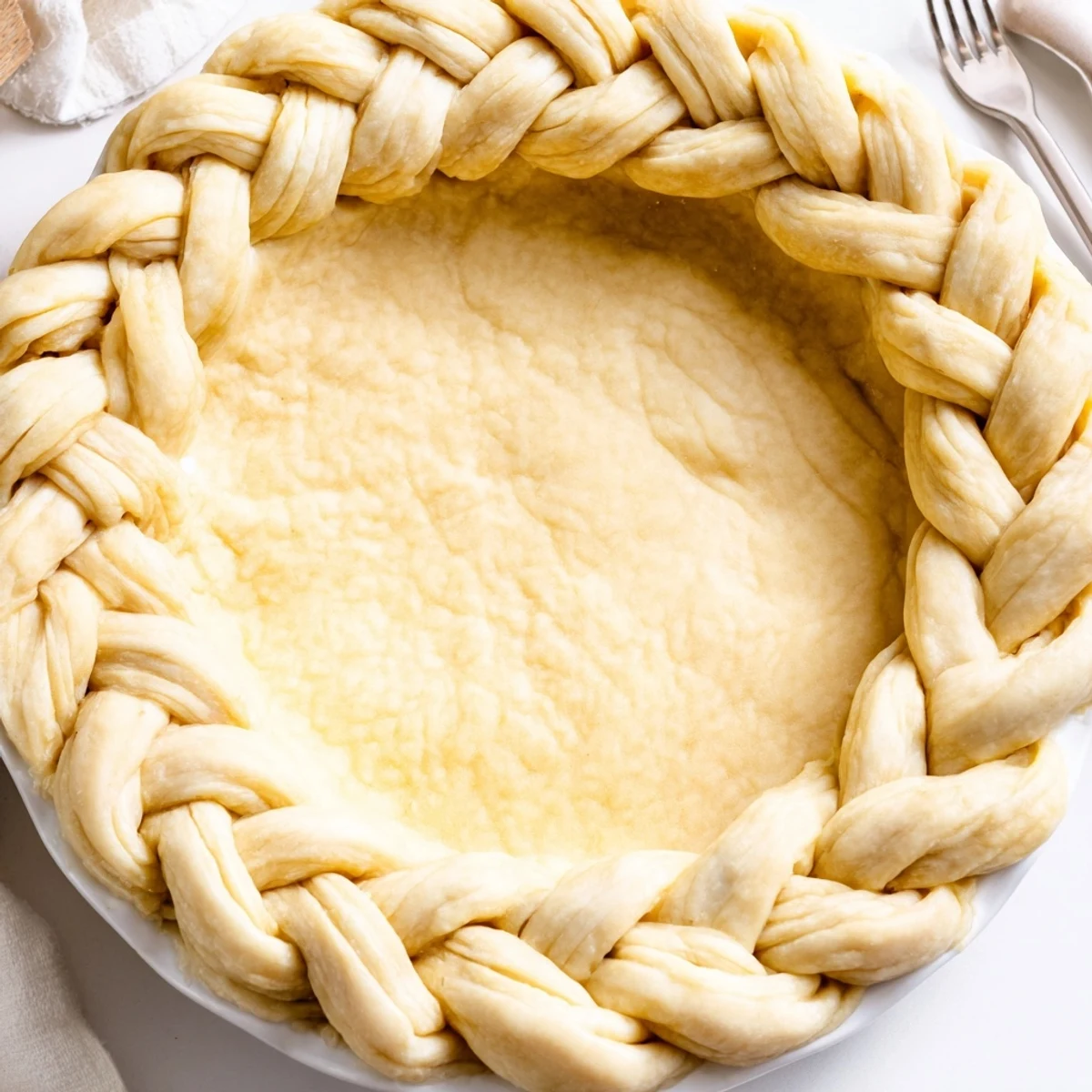 Handmade pastry featuring an intricate fishtail braid design brushed with egg wash