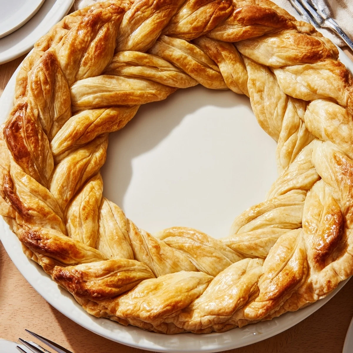 Decorative pie crust with elegant four-strand fishtail braid along the golden edge