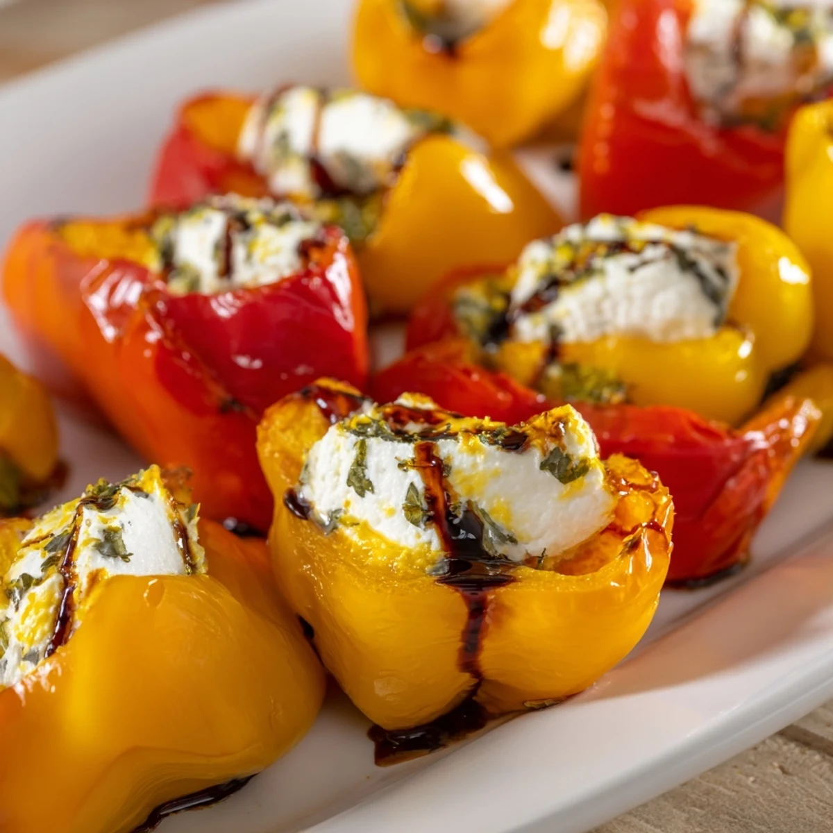 Golden roasted mini peppers piled high with creamy herb goat cheese filling on a white serving platter