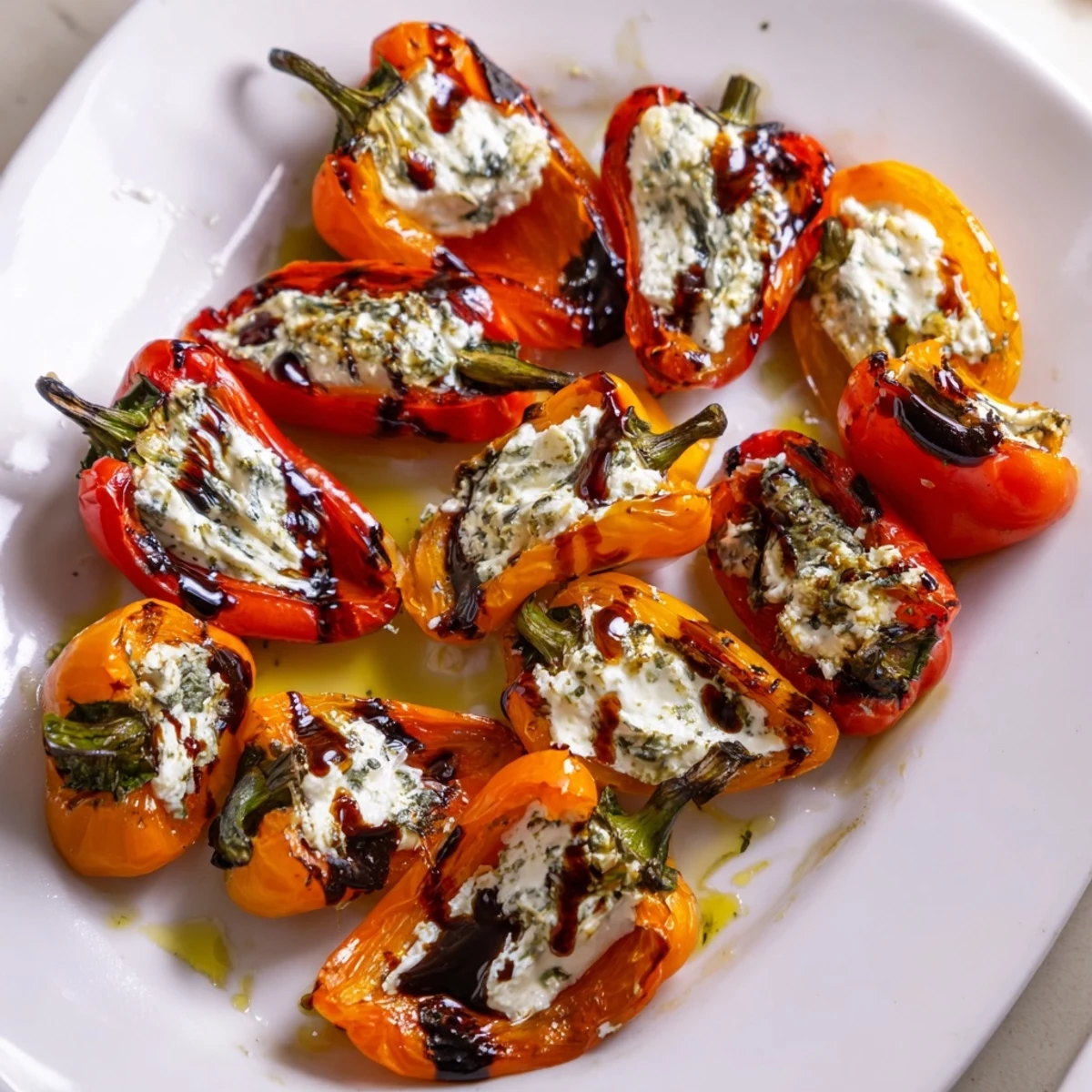 Mediterranean appetizer of sweet roasted pepper halves filled with tangy herbed goat cheese and garnished