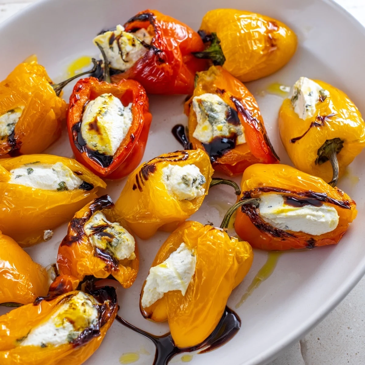 Colorful roasted goat cheese stuffed mini peppers drizzled with balsamic glaze and fresh herbs