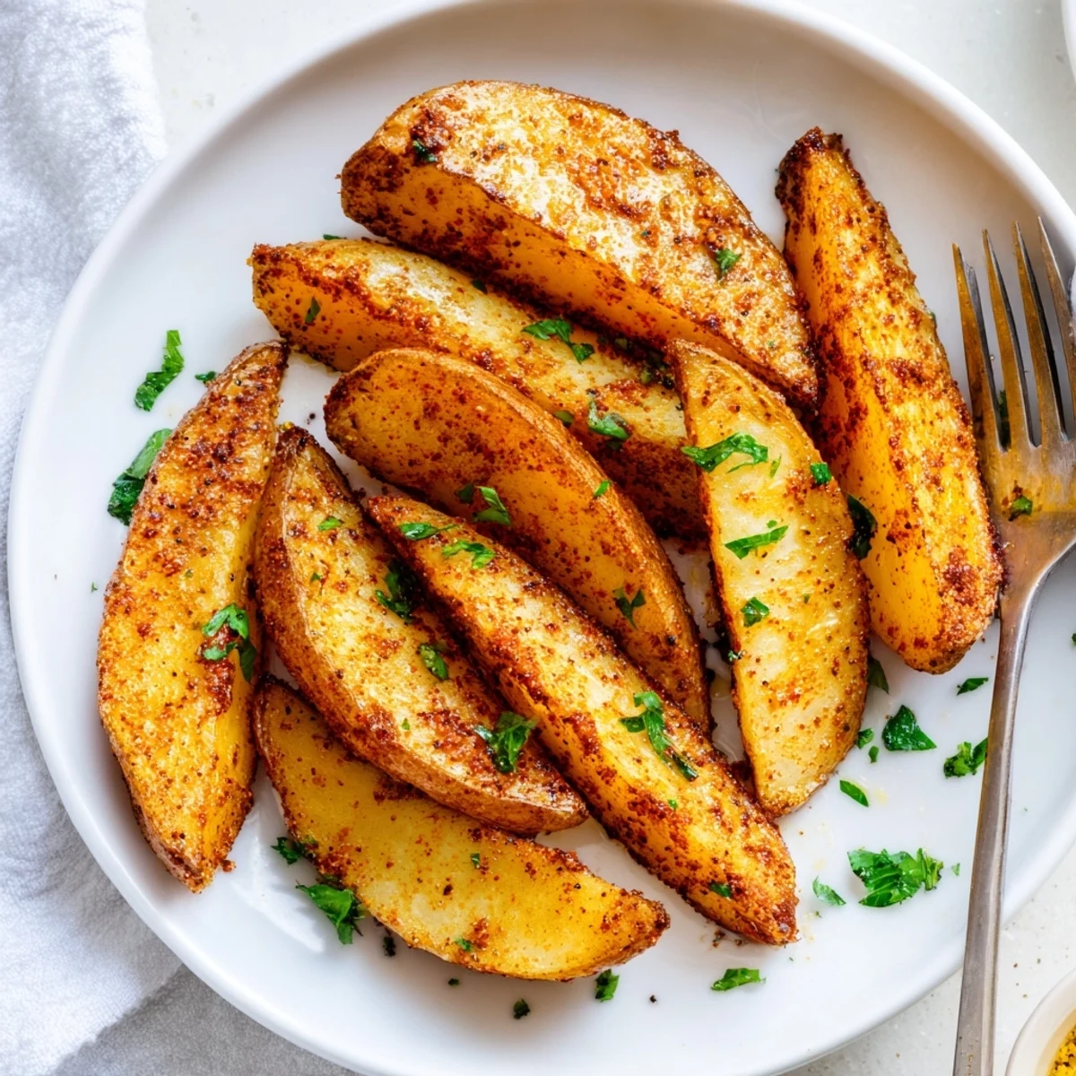 Golden brown air fryer potato wedges seasoned with paprika and garlic powder