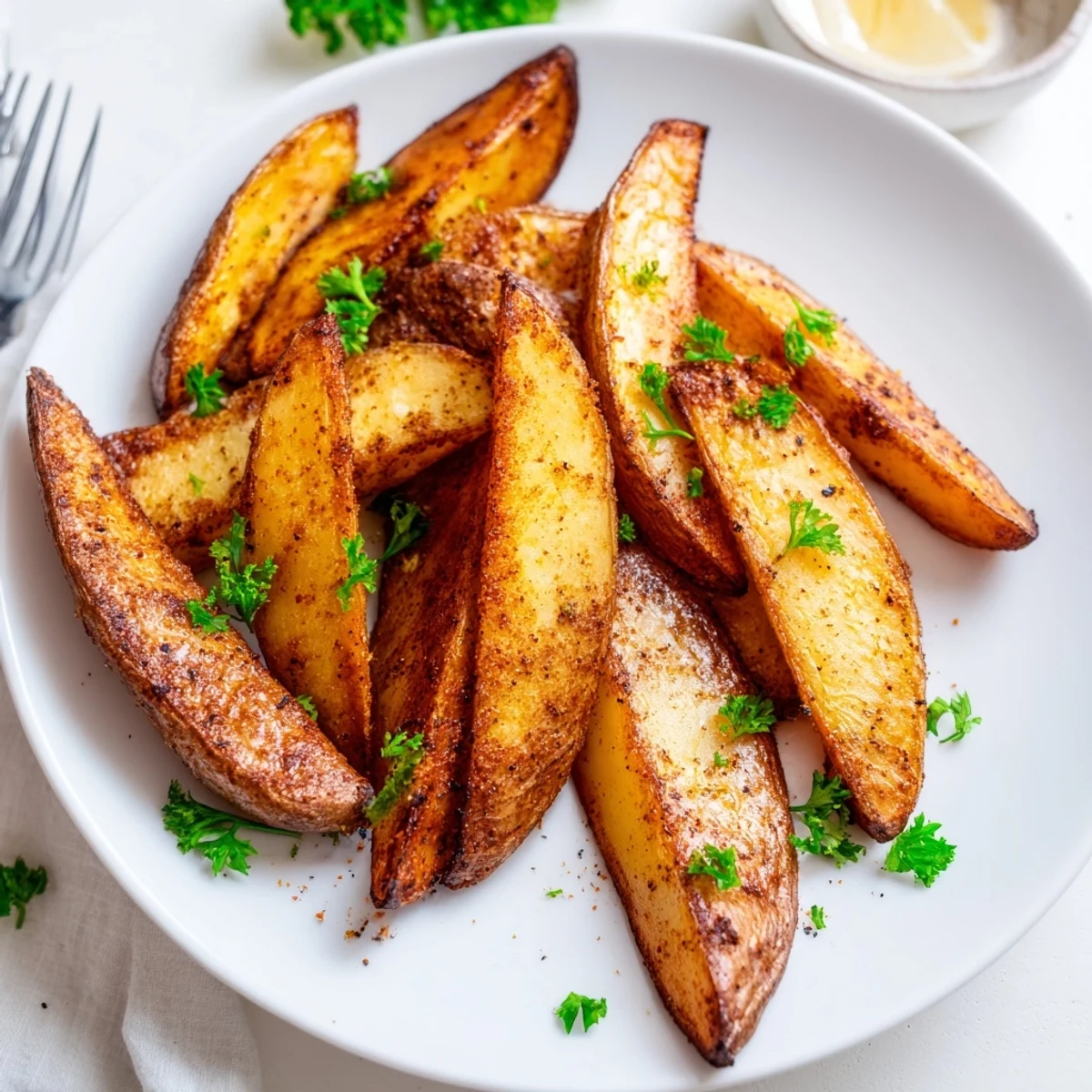 Crispy potato wedges arranged in a white serving bowl with fresh parsley garnish