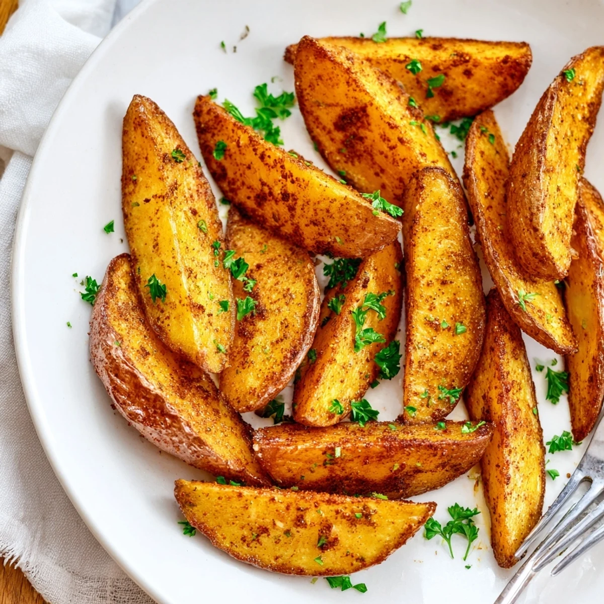 Fluffy potato wedges air fried to perfection alongside a small dipping sauce bowl