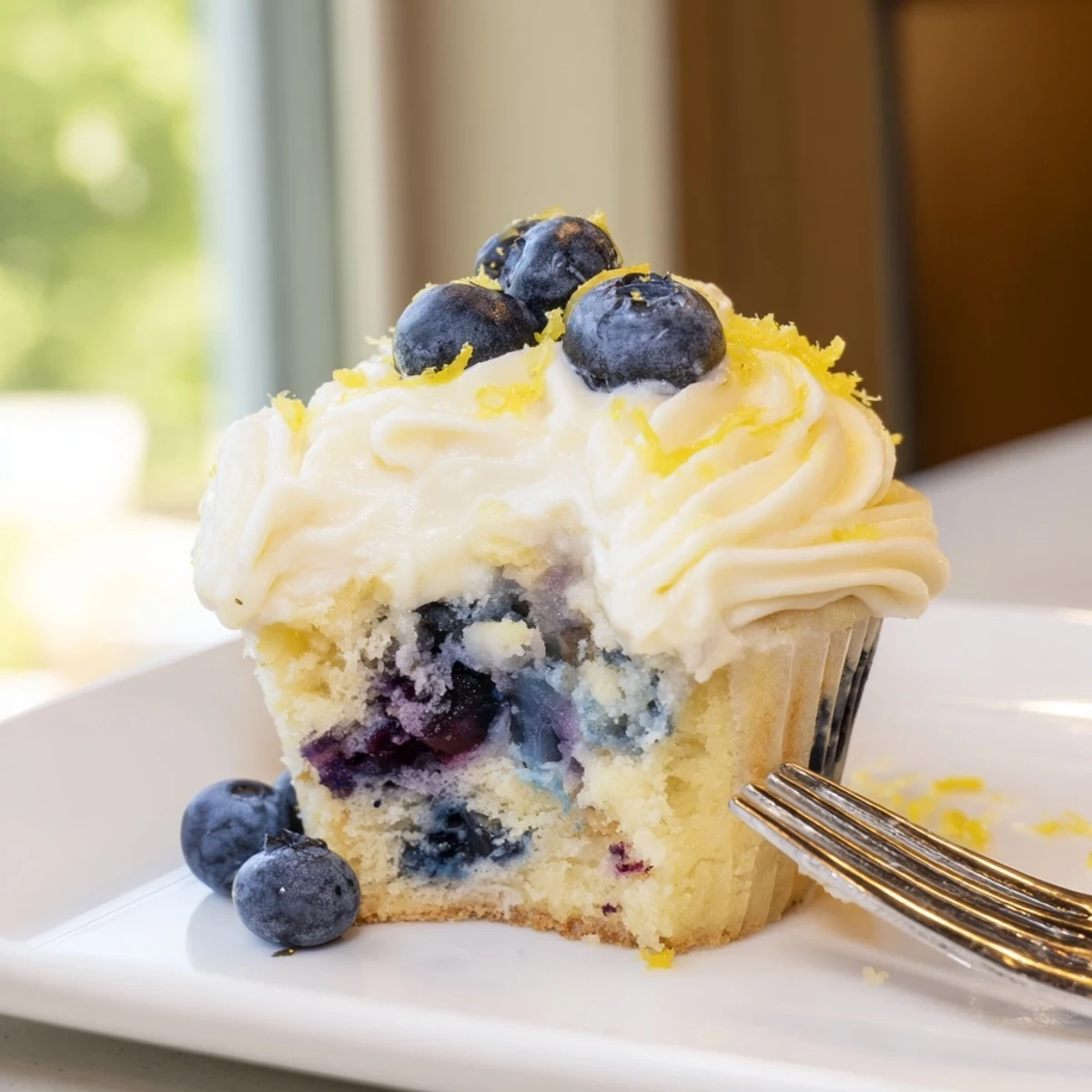 Light and fluffy lemon blueberry cupcakes topped with tangy cream cheese frosting and fresh blueberry garnish