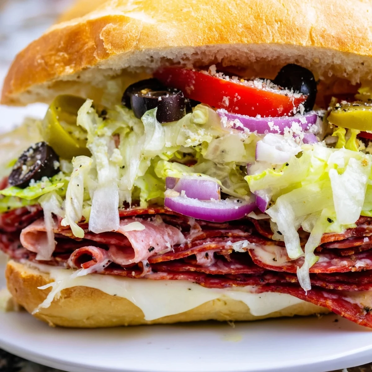 Crispy Italian grinder salad sandwich stacked with deli meats, melty provolone, and tangy dressed lettuce