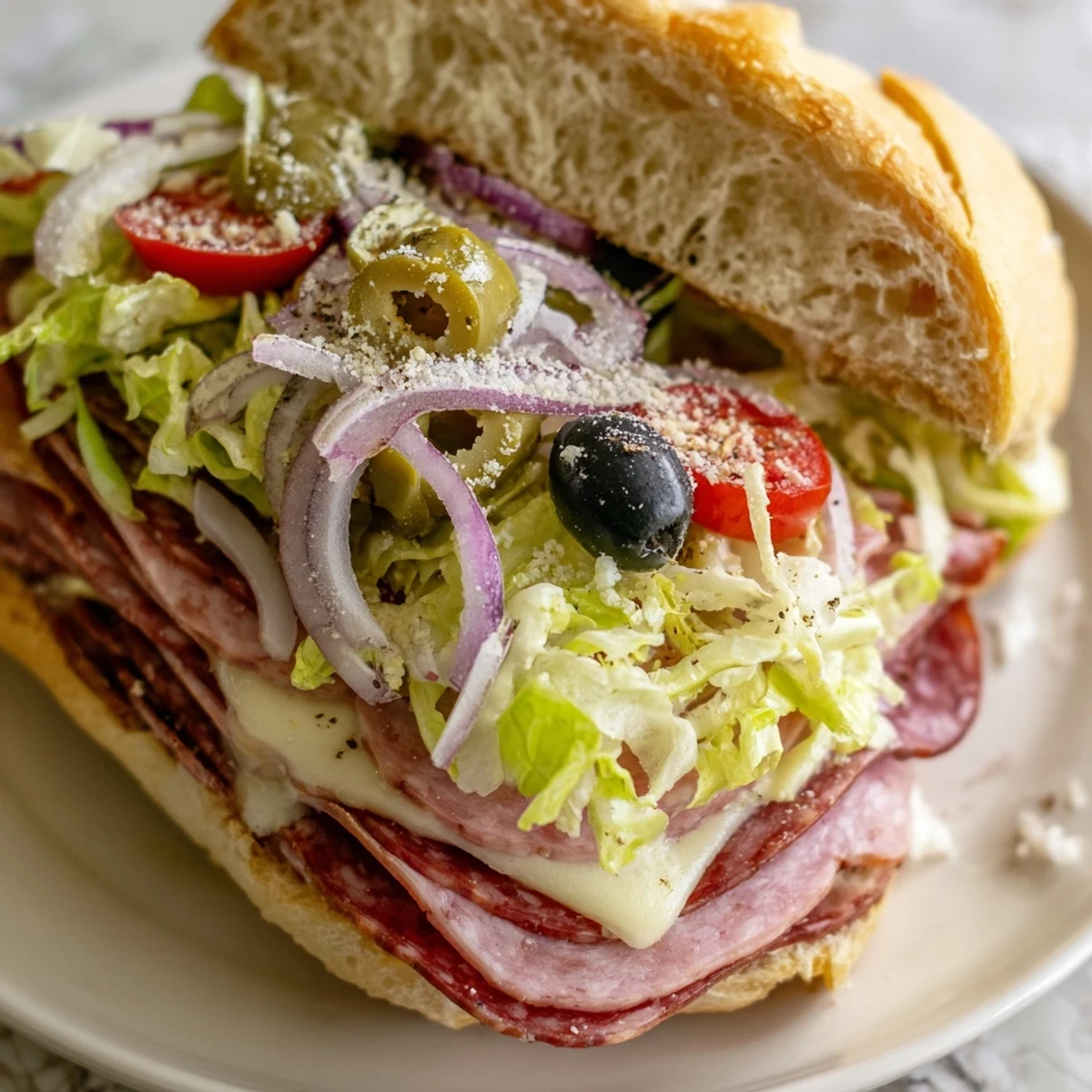 Toasted hoagie roll piled high with salami, ham, and crisp vegetable salad in zesty mayo dressing