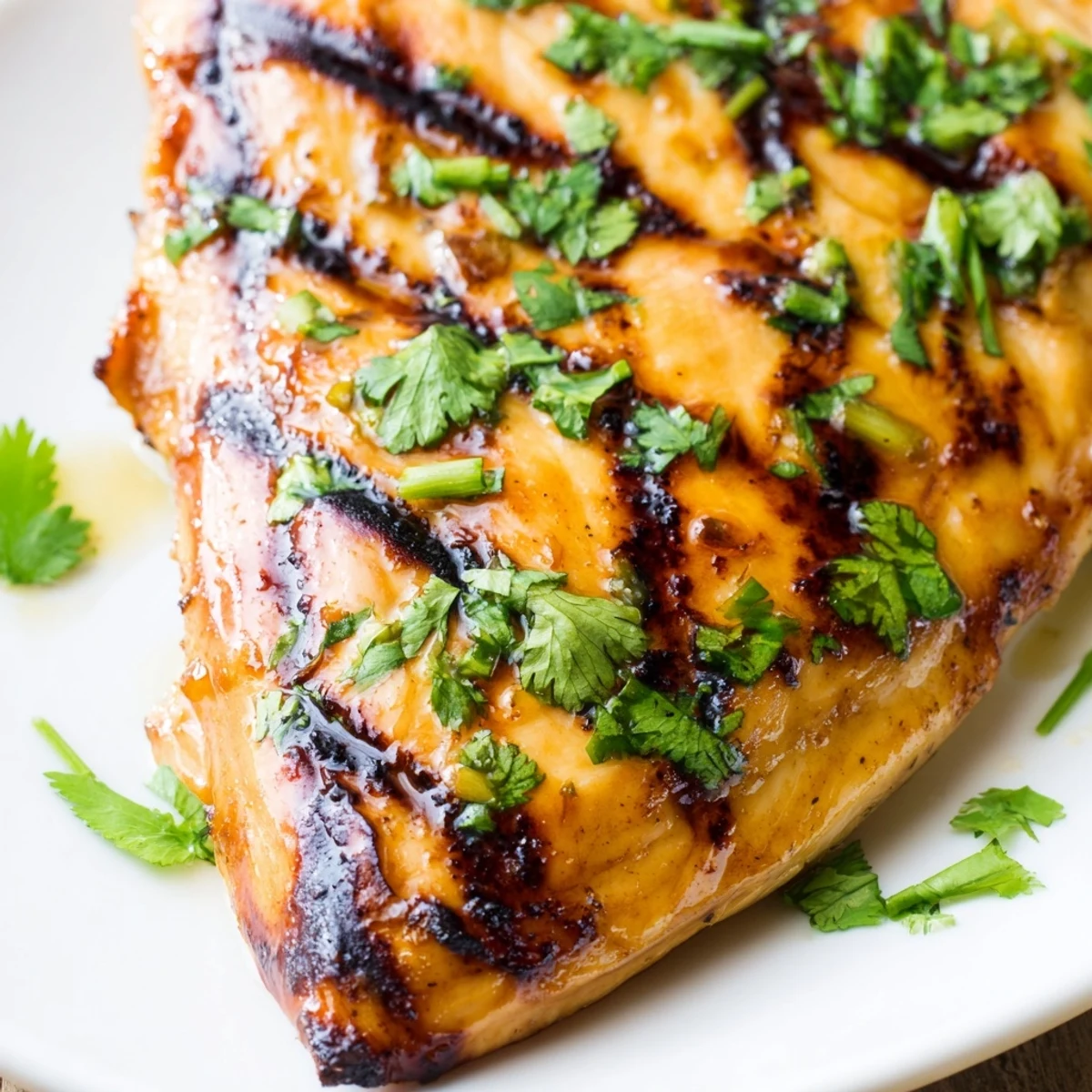 Perfectly grilled Key West chicken with honey lime glaze, char marks, and bright green cilantro sprinkles on top