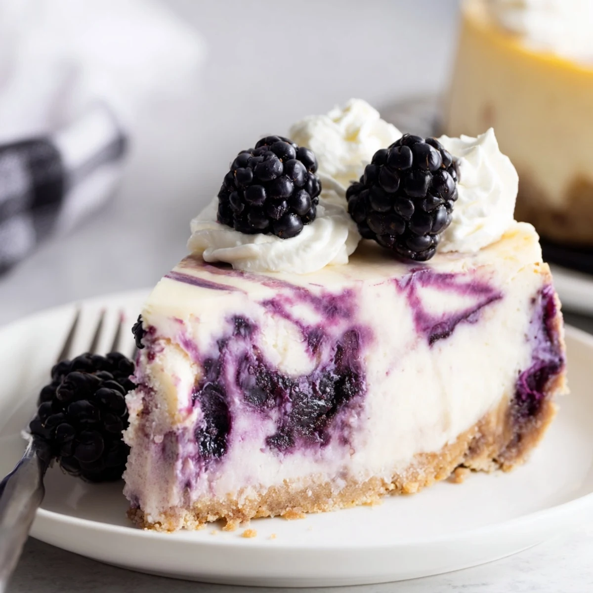Blackberry Bliss Cheesecake slice showing creamy vanilla filling swirled with tangy purple blackberry compote on golden graham cracker crust