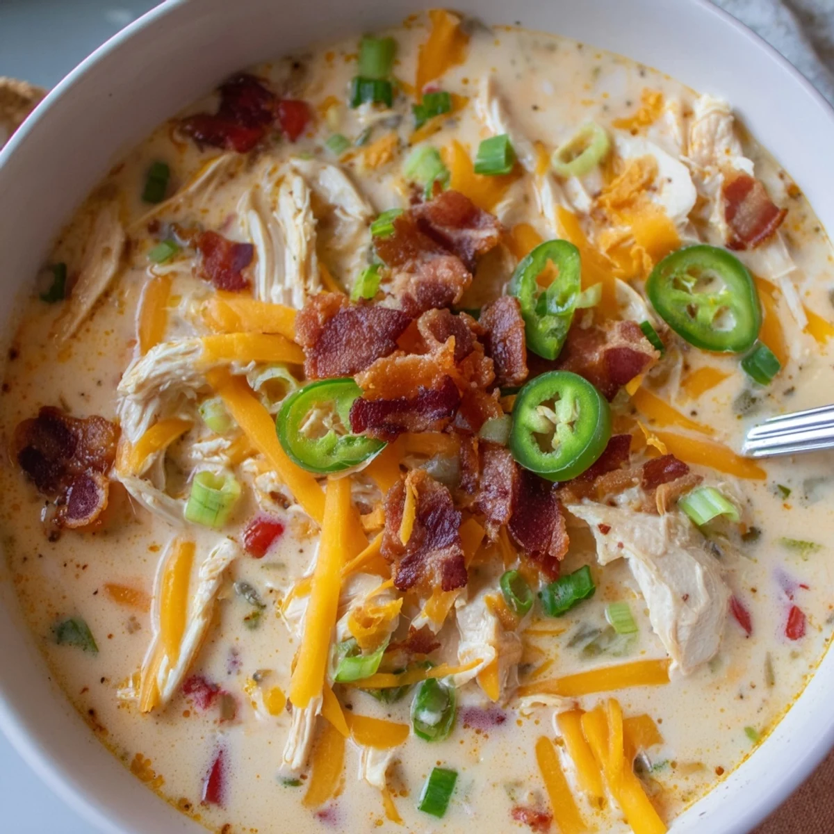 Creamy spicy jalapeno popper chicken soup garnished with bacon crumbles and shredded cheddar cheese