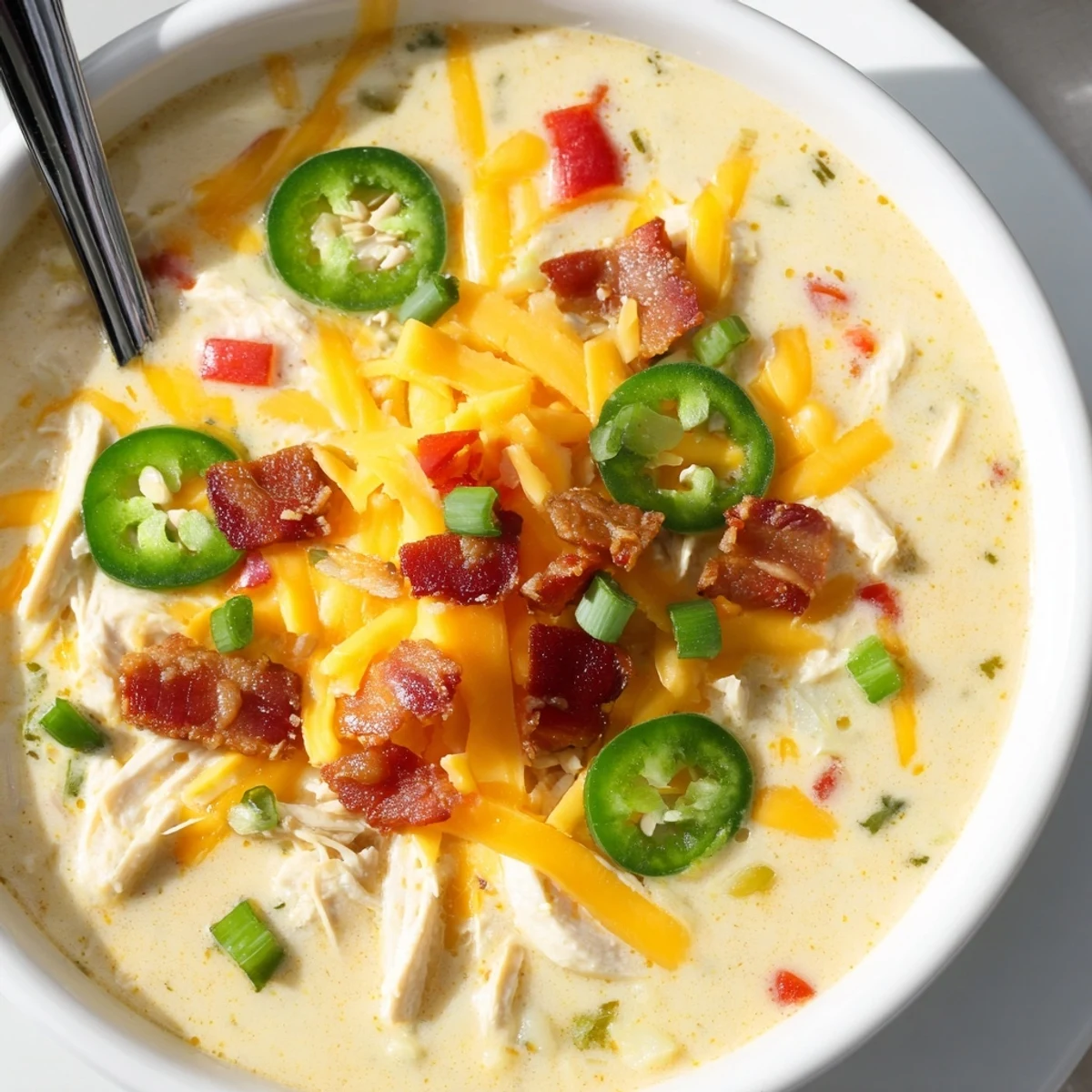 Rich and spicy jalapeno popper chicken soup featuring tender shredded chicken in a creamy broth