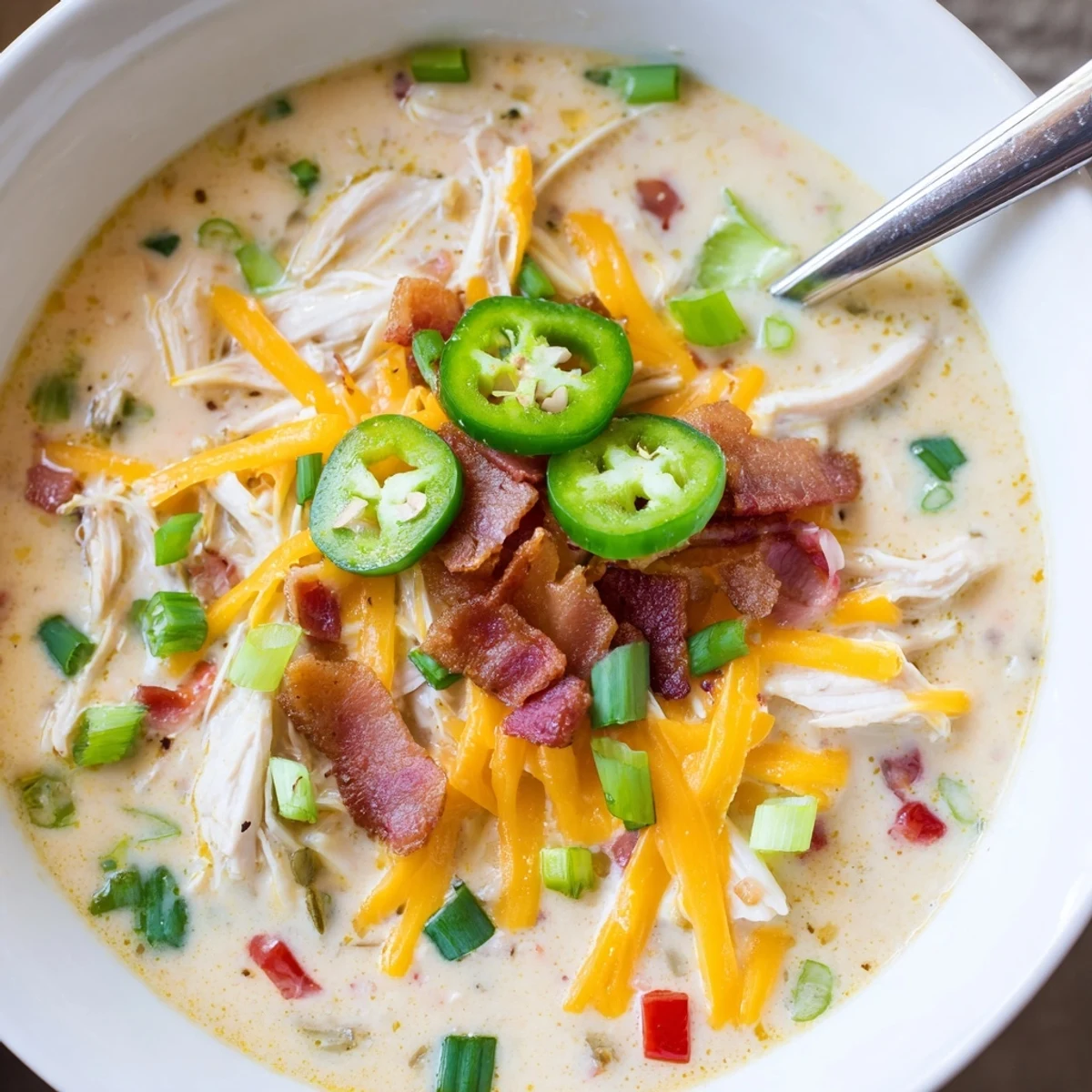 Steaming bowl of jalapeno popper chicken soup topped with green onions and extra sharp cheddar