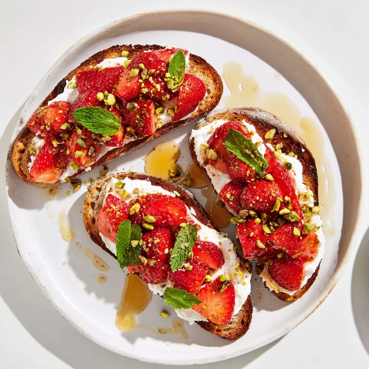Golden toasted sourdough piled high with whipped ricotta topped with roasted strawberry whipped ricotta toast garnished with fresh mint leaves