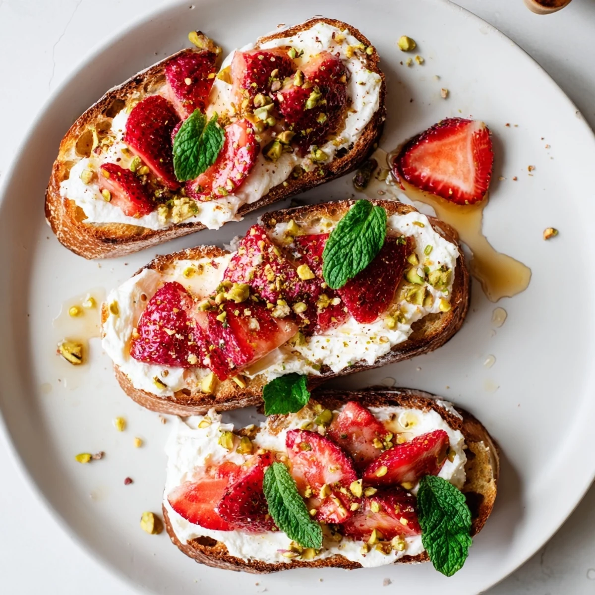 Close-up of roasted strawberry whipped ricotta toast showing juicy red berries nestled atop fluffy lemon ricotta on crunchy bread slices
