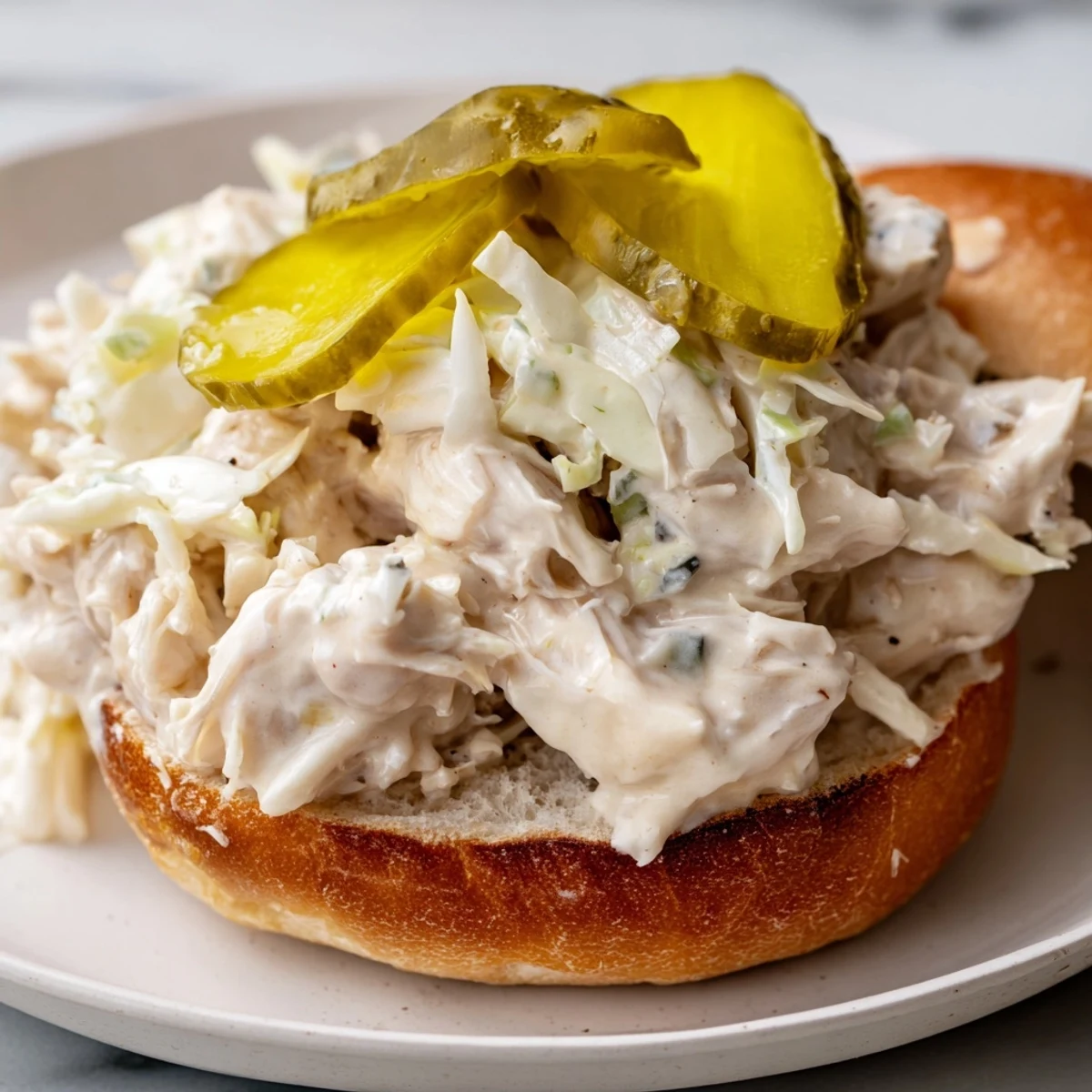 Heaping Alabama BBQ chicken chopped sandwich topped with tangy white sauce and crunchy cabbage slaw on golden bread