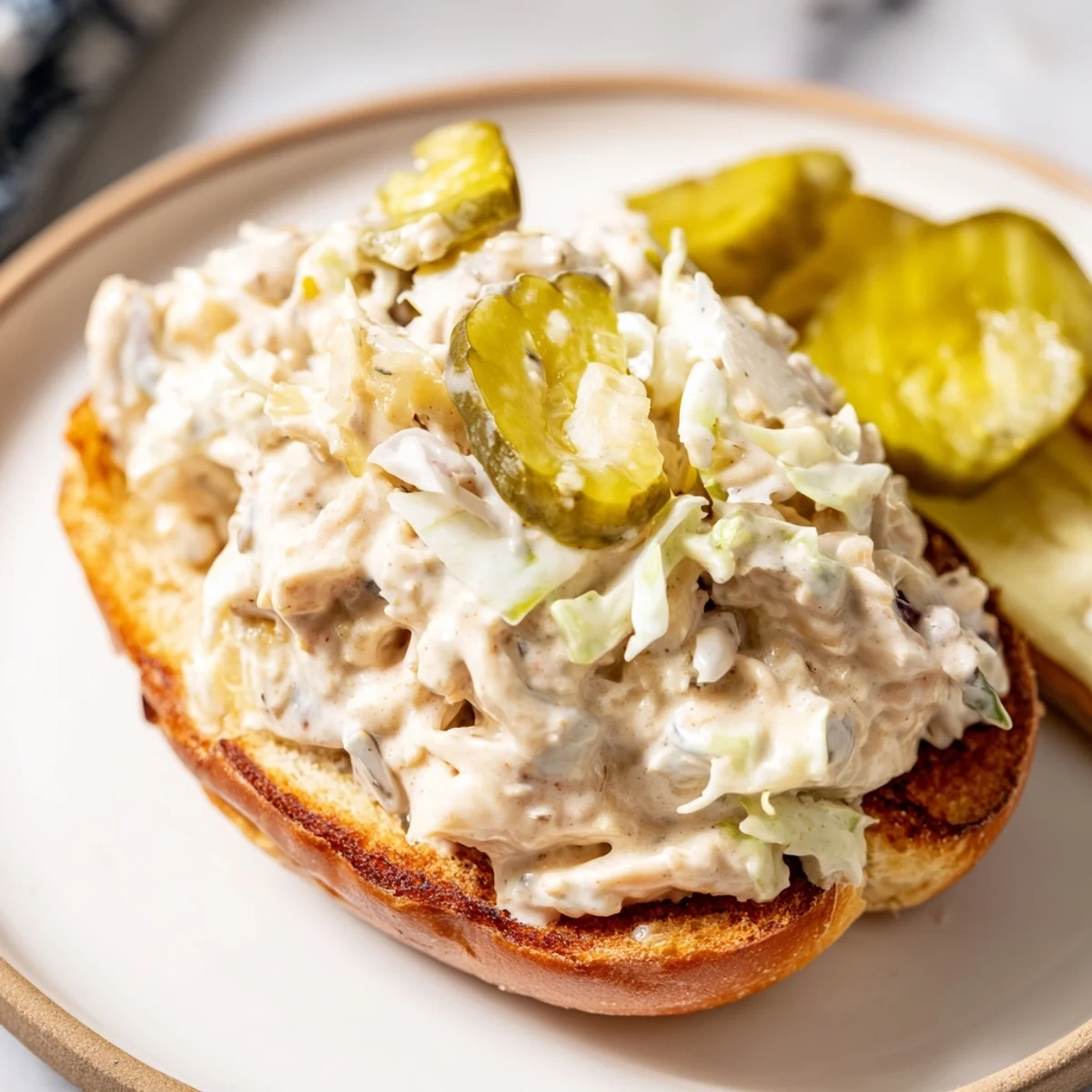Tender smoked chicken chunks coated in creamy Alabama white BBQ sauce on a toasted bun with crisp coleslaw