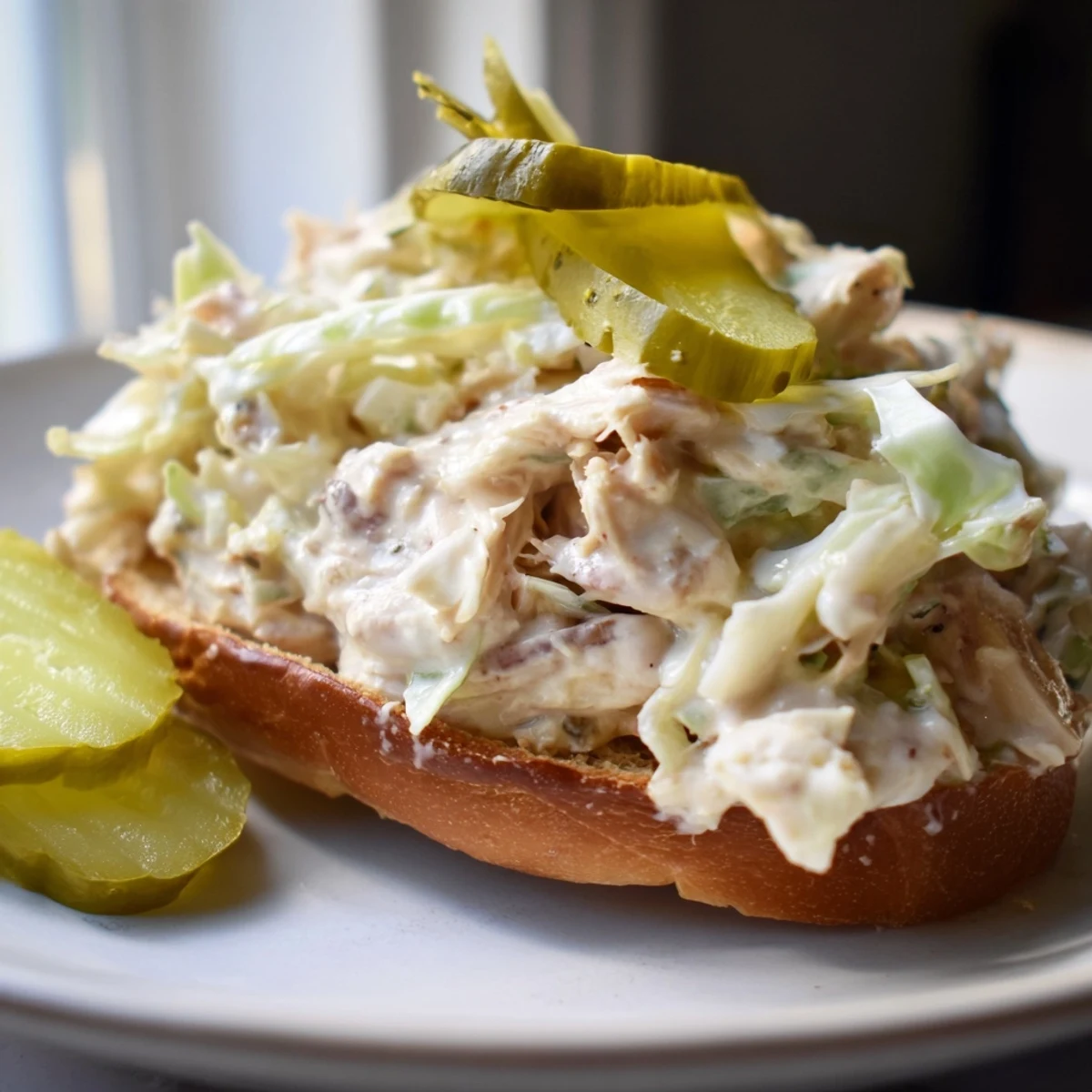 Juicy chopped grilled chicken piled high with zesty Alabama white sauce and fresh slaw on a toasted sandwich bun