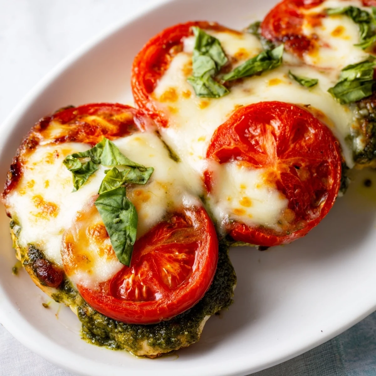 Golden baked pesto caprese chicken topped with melted mozzarella and fresh tomato slices