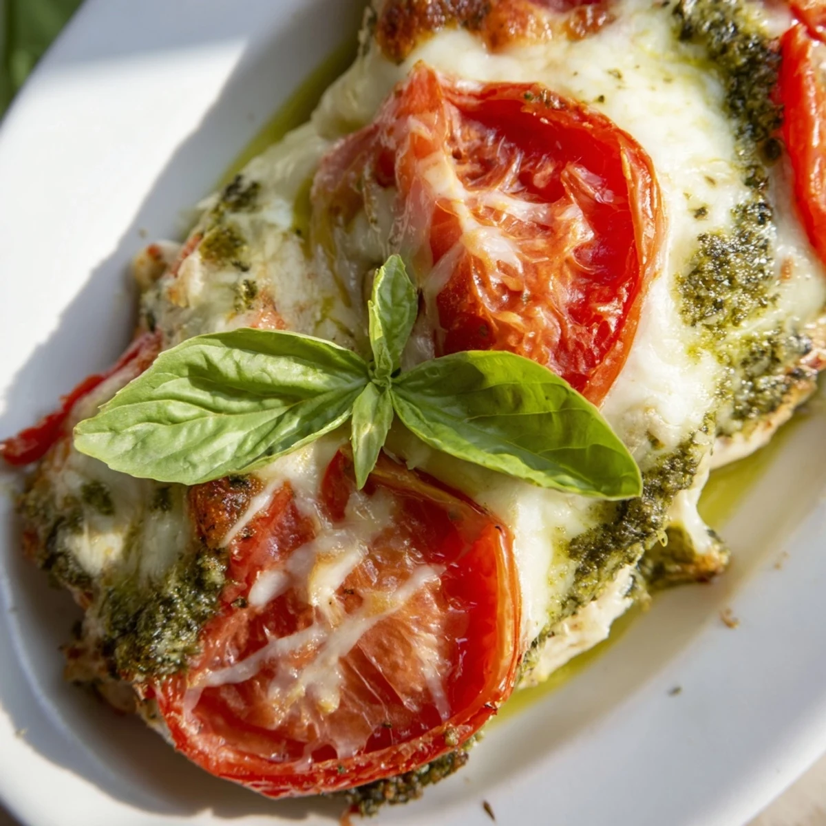 Juicy oven-baked chicken layered with vibrant pesto, tomatoes, and bubbly mozzarella cheese