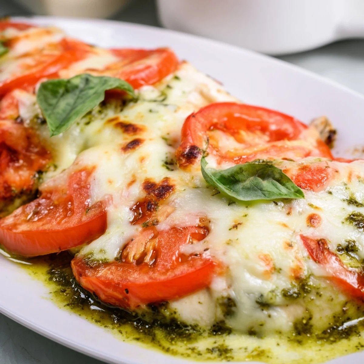 Italian-style baked pesto caprese chicken with fresh basil garnish and gooey cheese topping