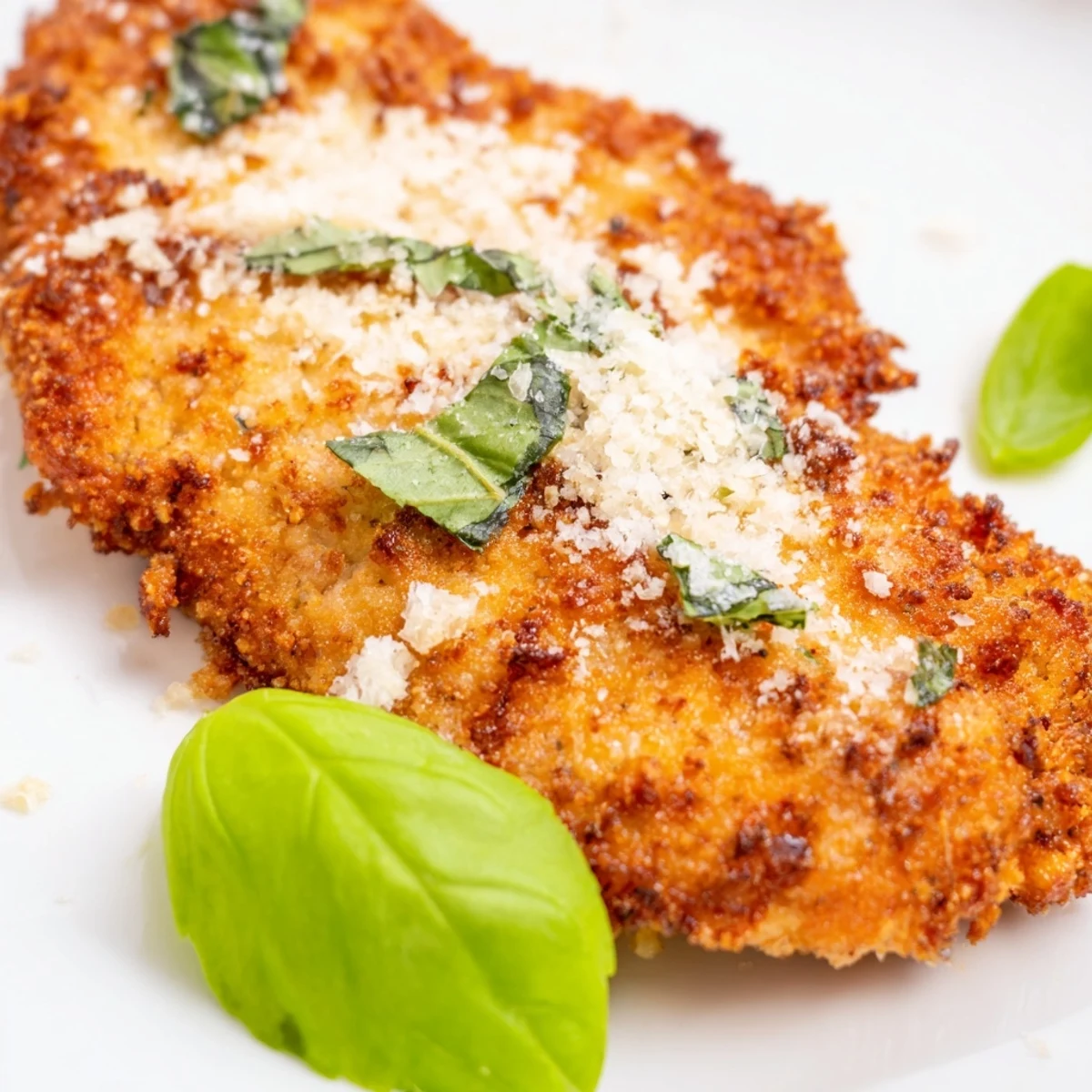 Golden Parmesan basil chicken cutlets served on a white plate with fresh basil garnish