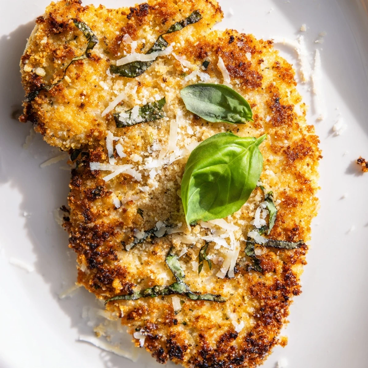 Juicy breaded chicken breasts with golden breadcrumb crust topped with grated Parmesan cheese and herbs