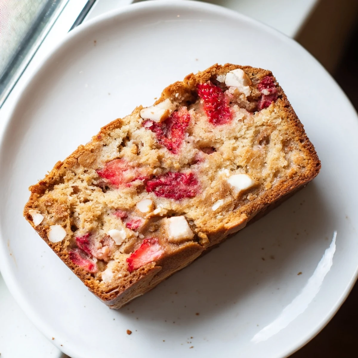 Tender strawberry sourdough bread studded with creamy white chocolate chunks and fresh berries
