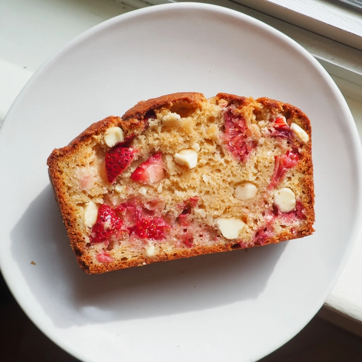 Golden sourdough white chocolate chips strawberry bread loaf sliced on wooden board