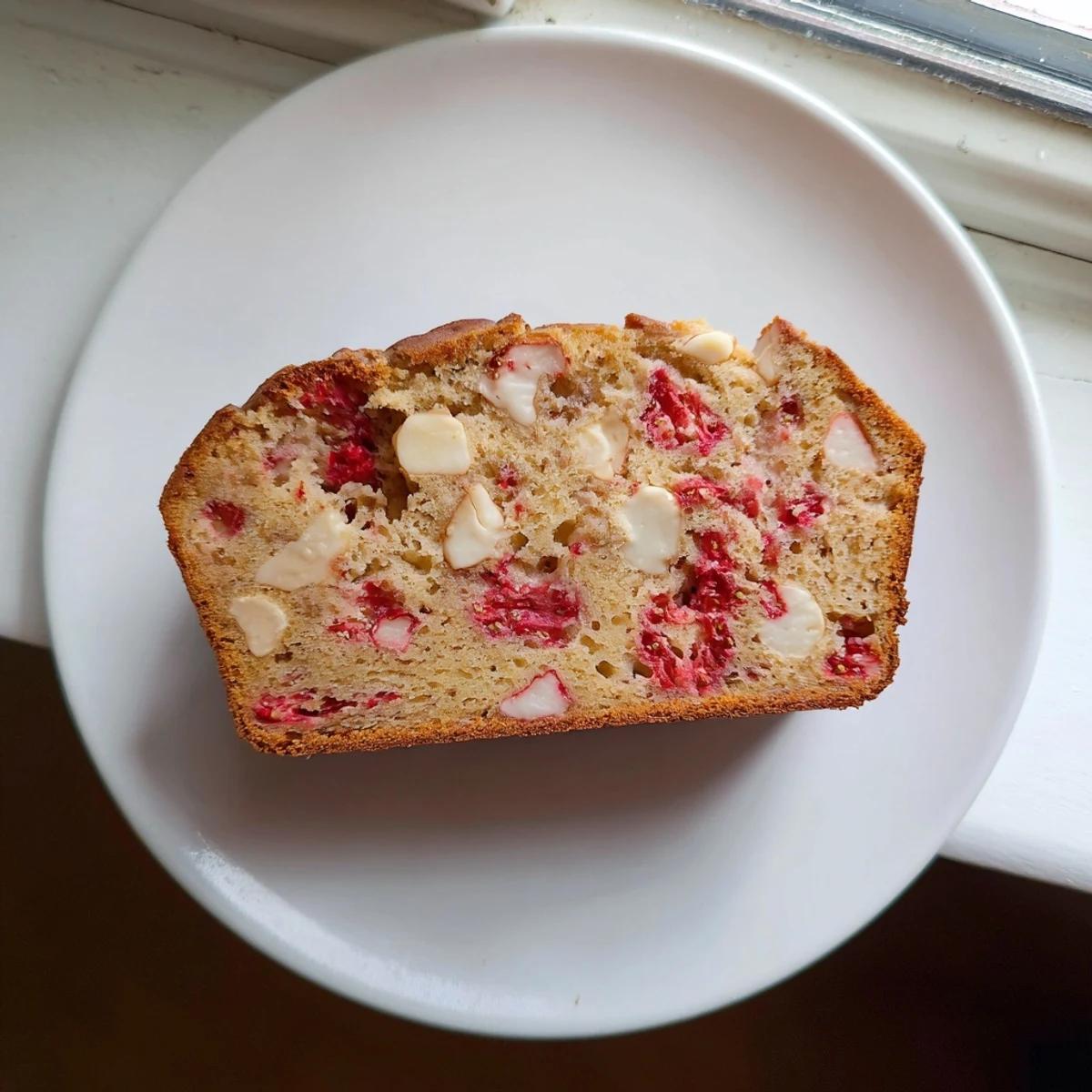 Sourdough white chocolate chips strawberry bread topped with halved strawberries and powdered sugar