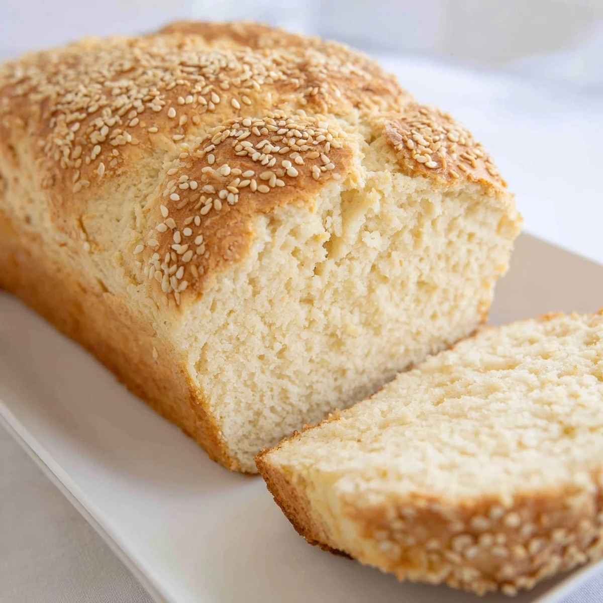 Fluffy keto yogurt bread pieces arranged on white plate with butter melting