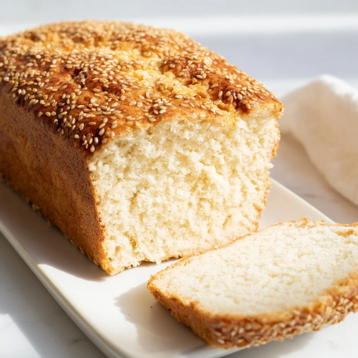 Golden zero carb yogurt bread loaf sliced on wooden board with sesame topping